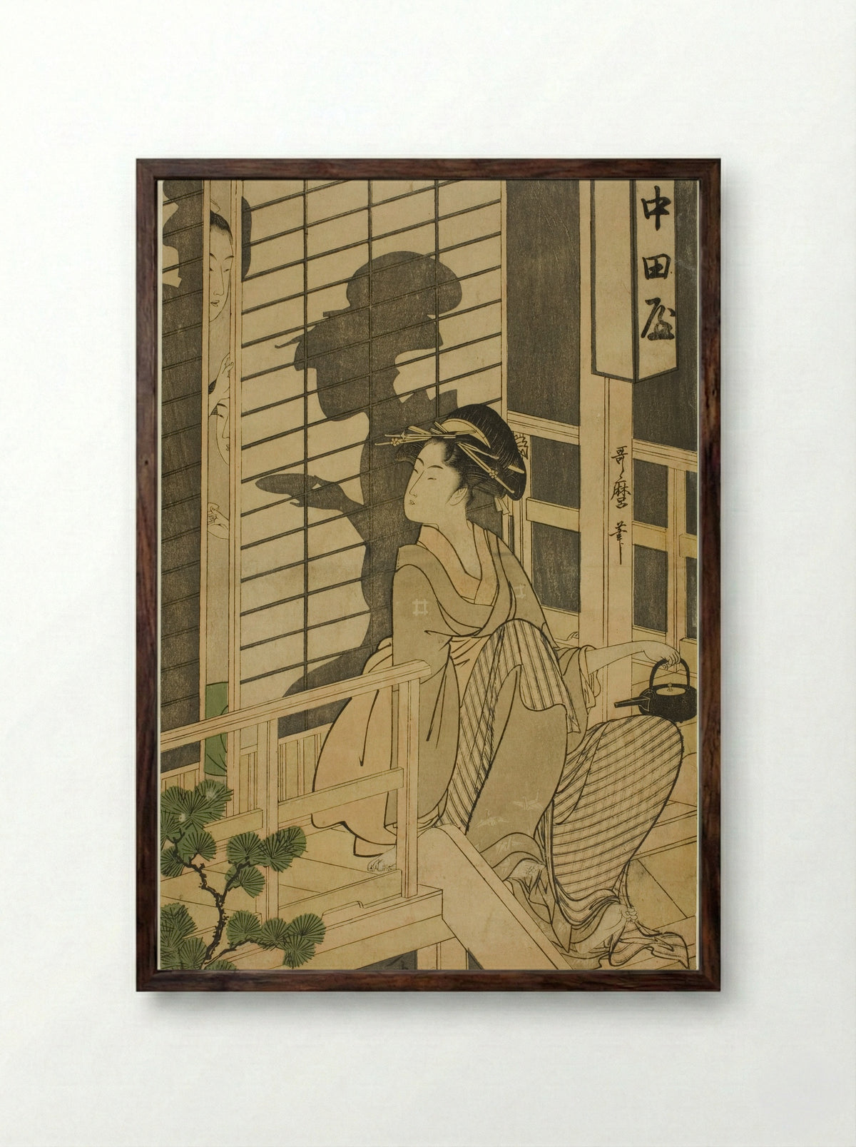 The Nakadaya Teahouse - Kitagawa Utamaro - Framed Print Dark Wood