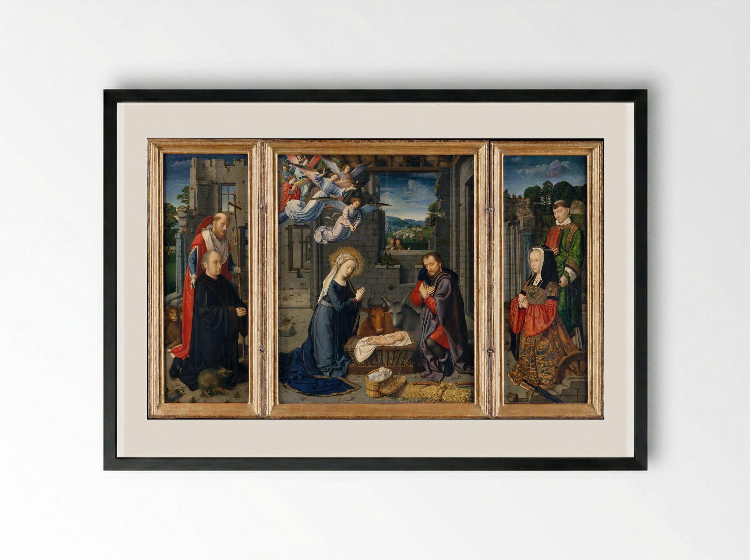 The Nativity with Donors and Saints Jerome and Leonard - Gerard David - Framed Print Black