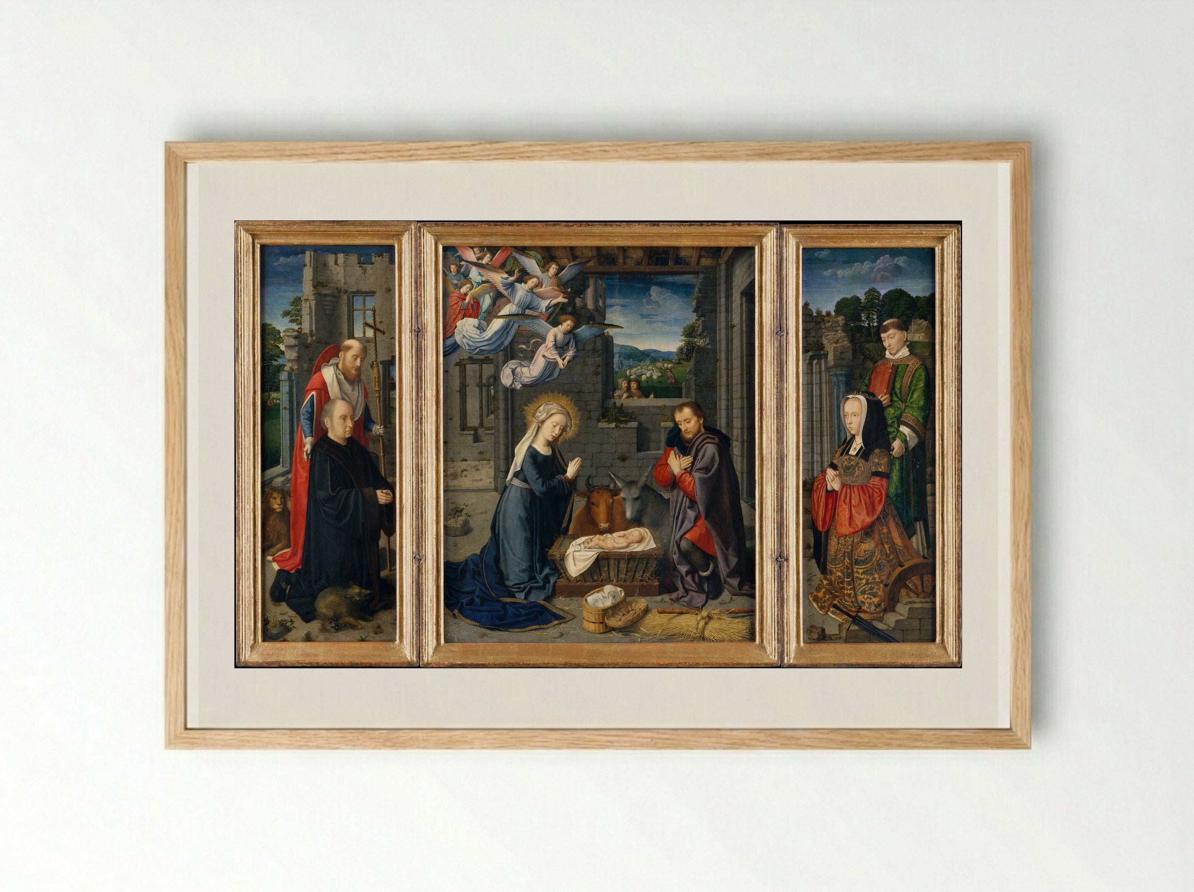 The Nativity with Donors and Saints Jerome and Leonard - Gerard David - Framed Print Wood