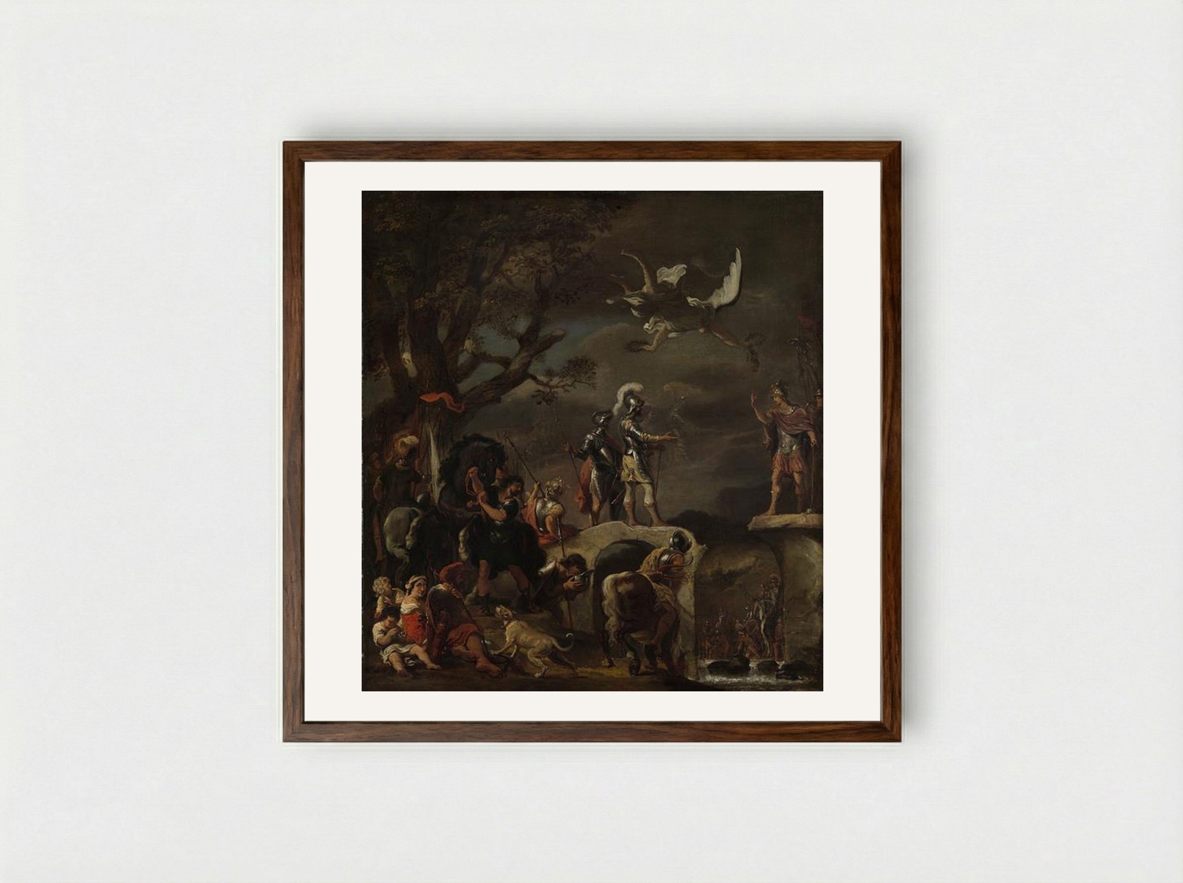 The Negotiation between Claudius Civilis and Quintus Petillius Cerialis on the Broken Bridge - Ferdinand Bol - Framed Print Dark Wood