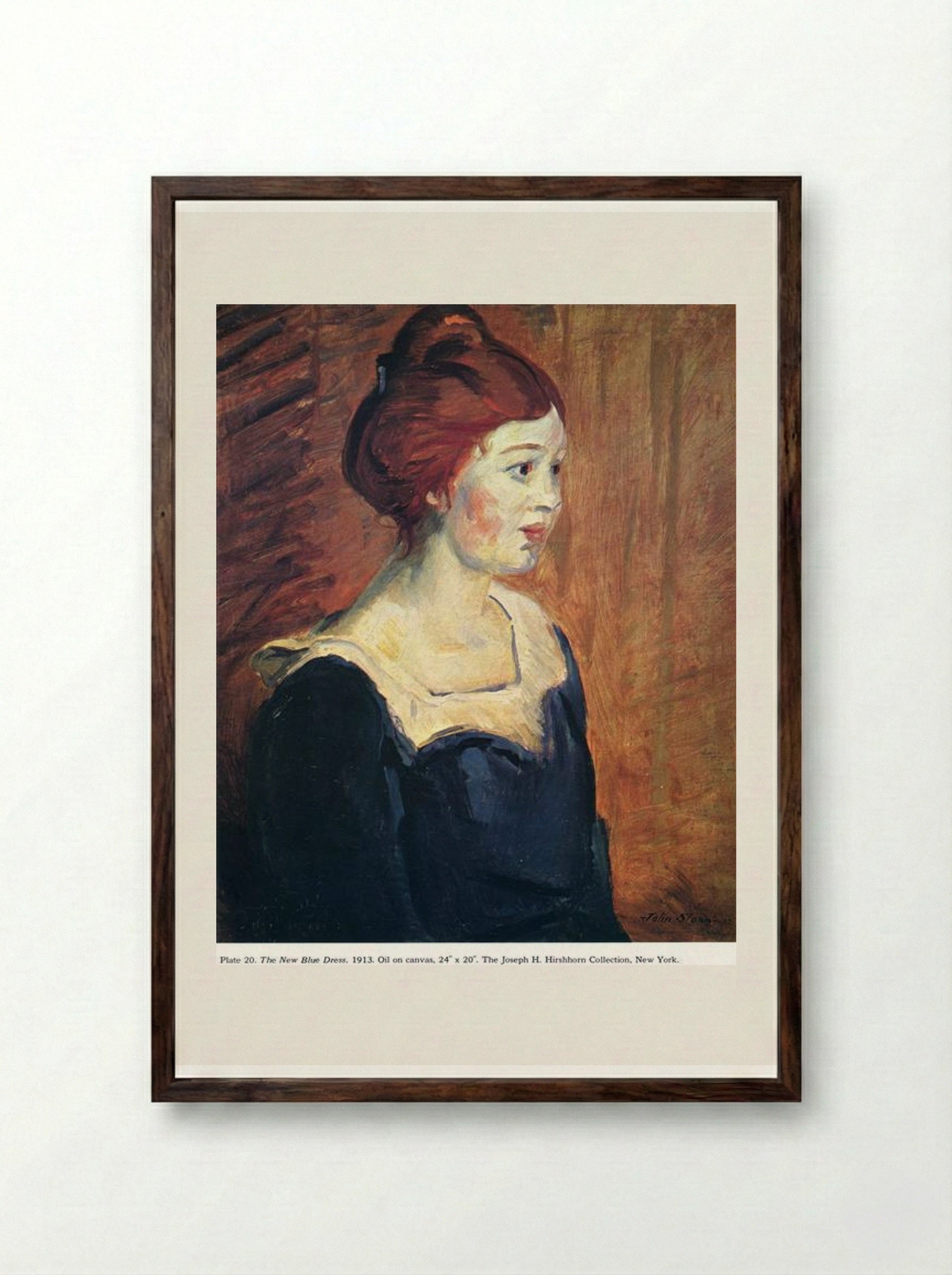 The New Blue Dress - John French Sloan - Framed Print Dark Wood
