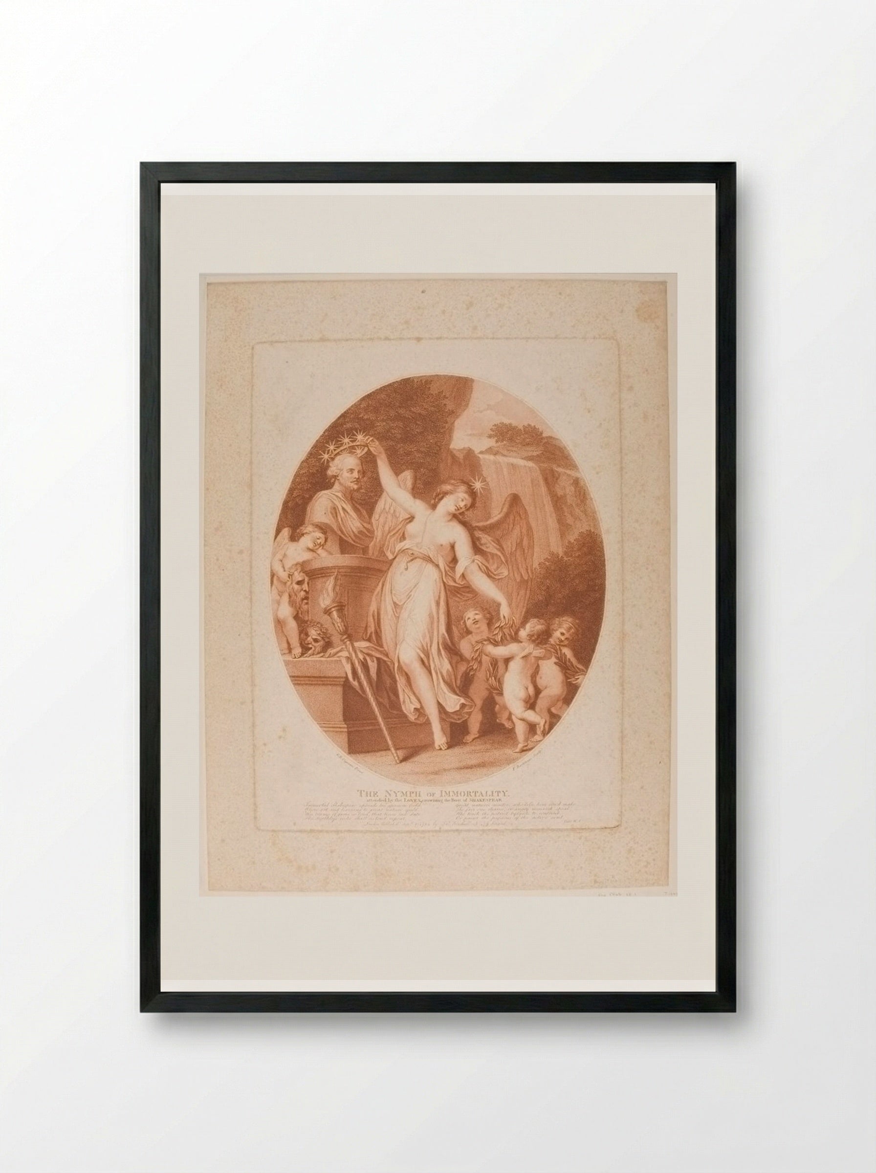 The Nymph of Immortality Attended by the Loves, Crowning the Bust of Shakespear - Francesco Bartolozzi - Framed Print Black