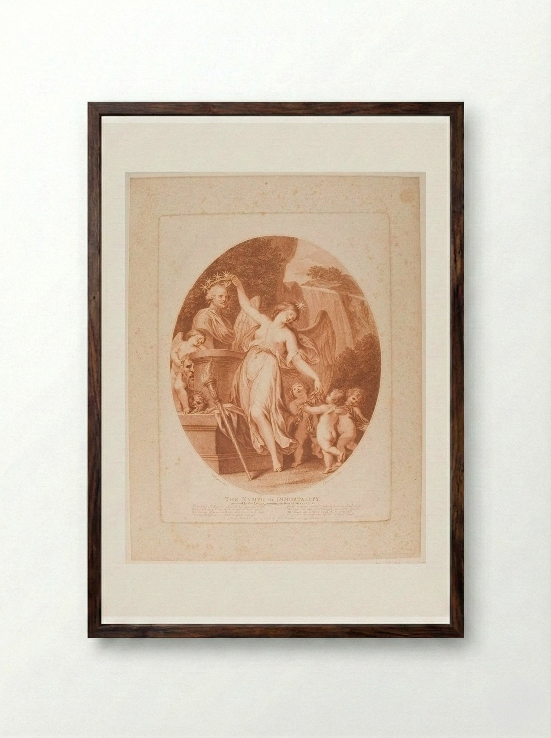 The Nymph of Immortality Attended by the Loves, Crowning the Bust of Shakespear - Francesco Bartolozzi - Framed Print Dark Wood