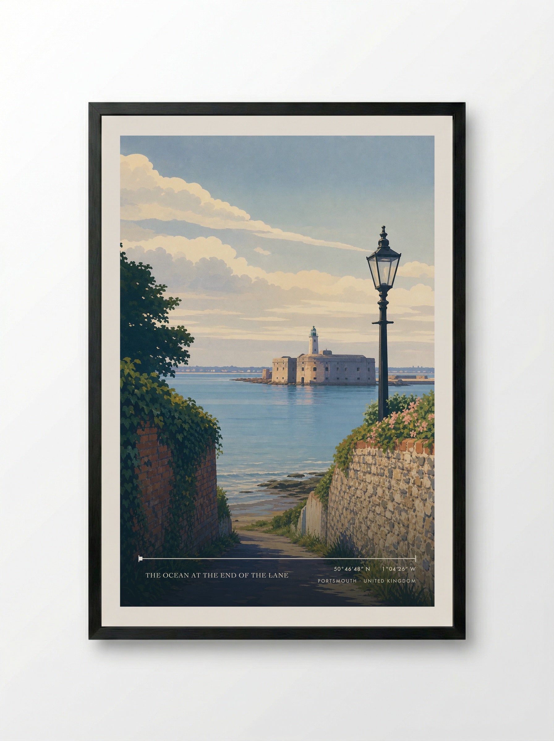 The Ocean at the End of the Lane Portsmouth United Kingdom Travel Poster - Framed Print Black