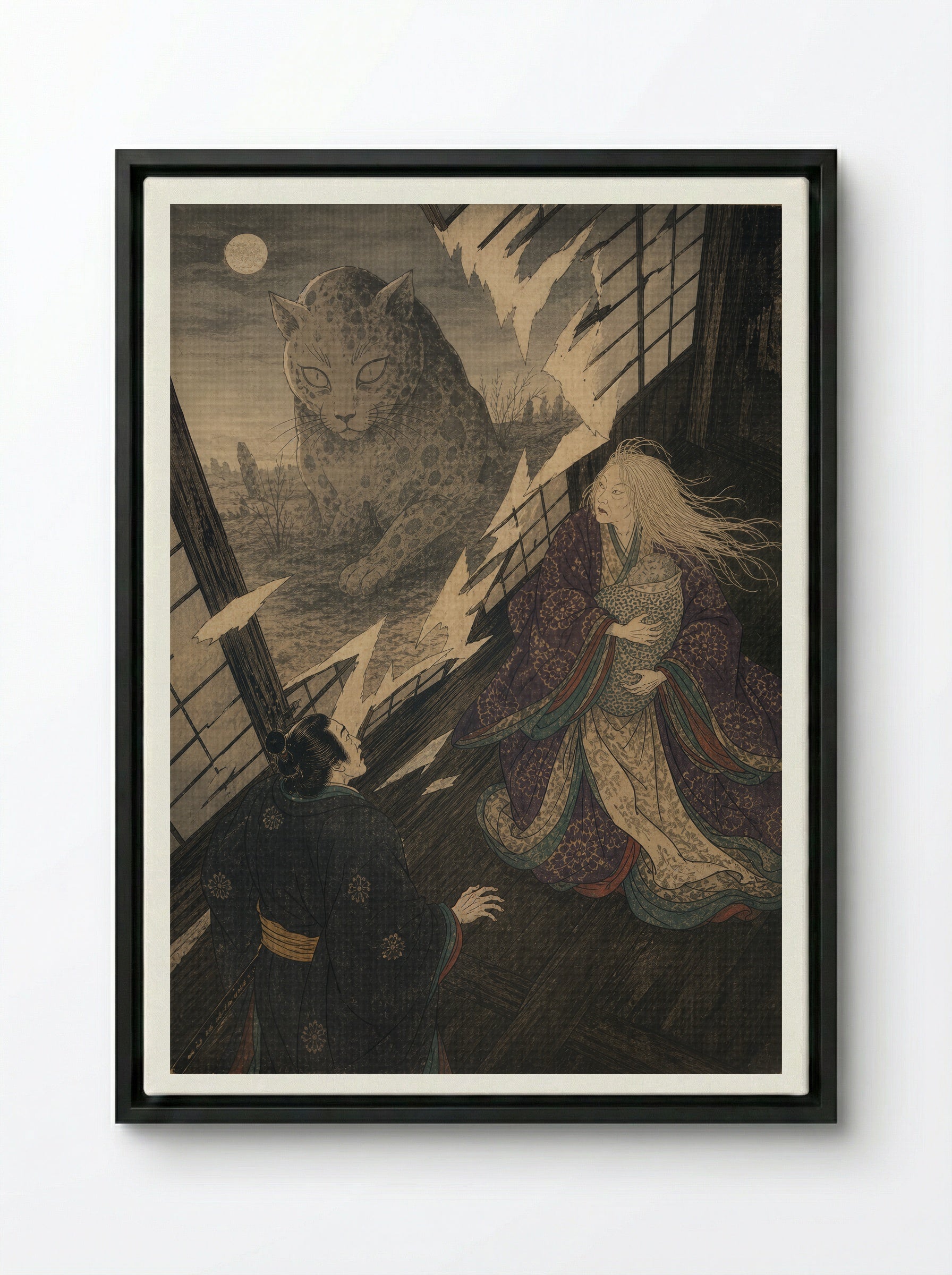 The Okazaki Cat Demon: The Cat-Stone Revealed - Framed Canvas Black