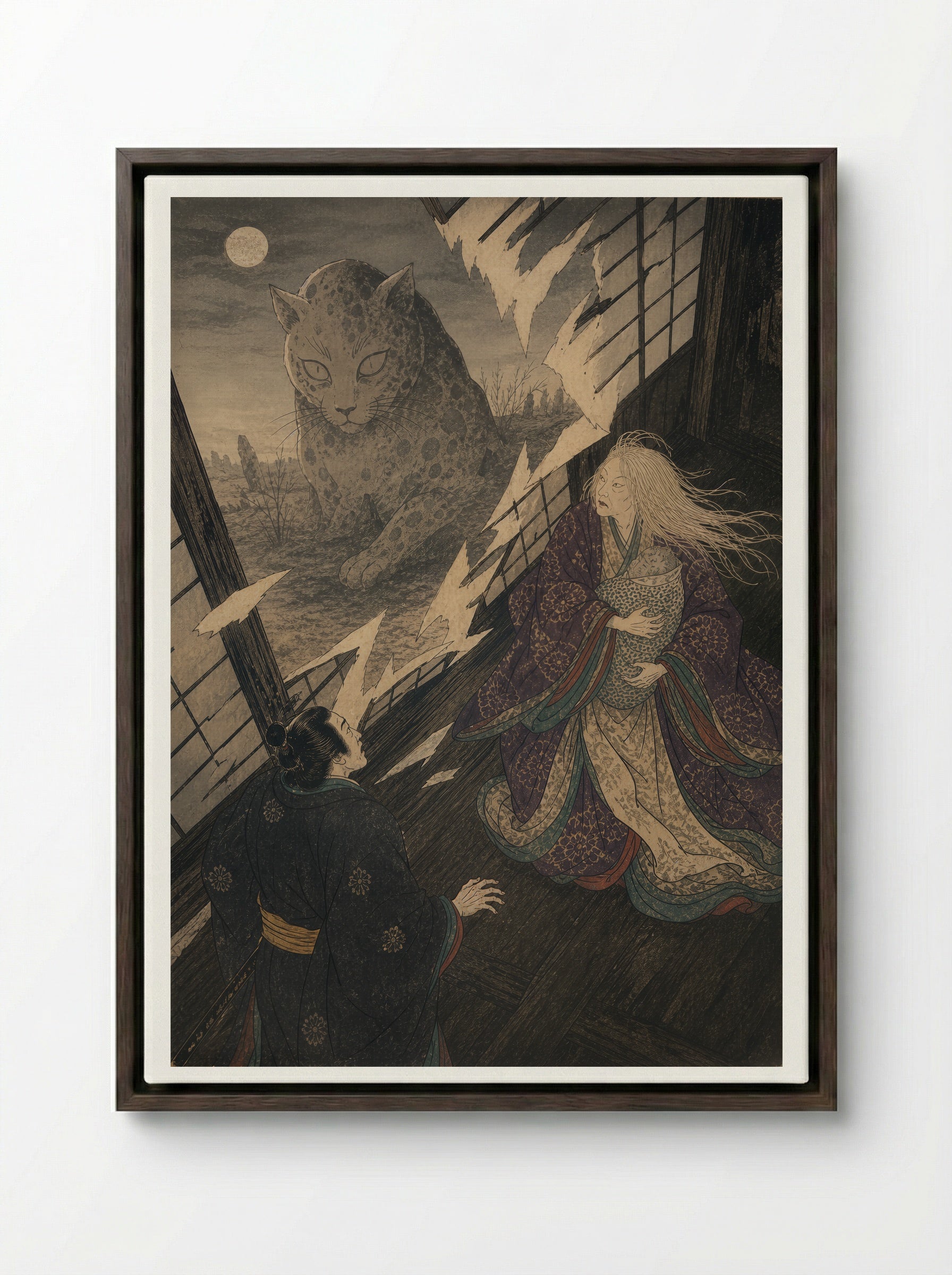 The Okazaki Cat Demon: The Cat-Stone Revealed - Framed Canvas Dark Wood