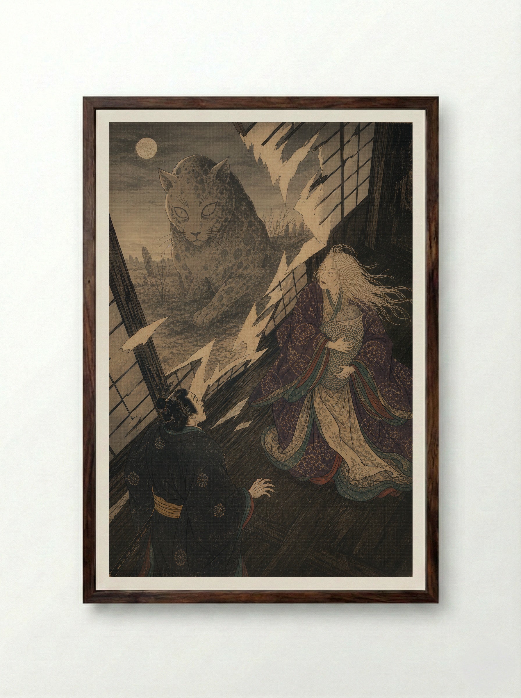 The Okazaki Cat Demon: The Cat-Stone Revealed - Framed Print Dark Wood
