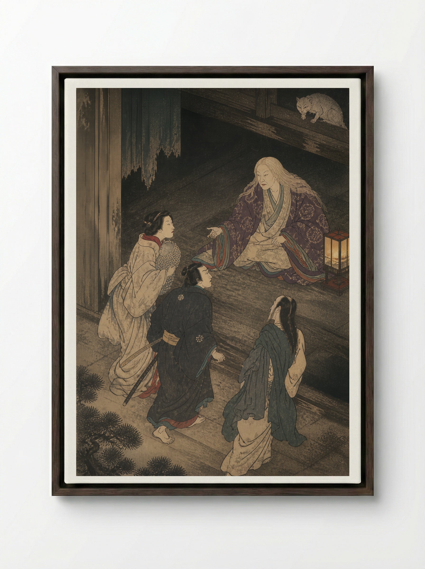 The Okazaki Cat Demon: The False Reunion - Framed Canvas Dark Wood
