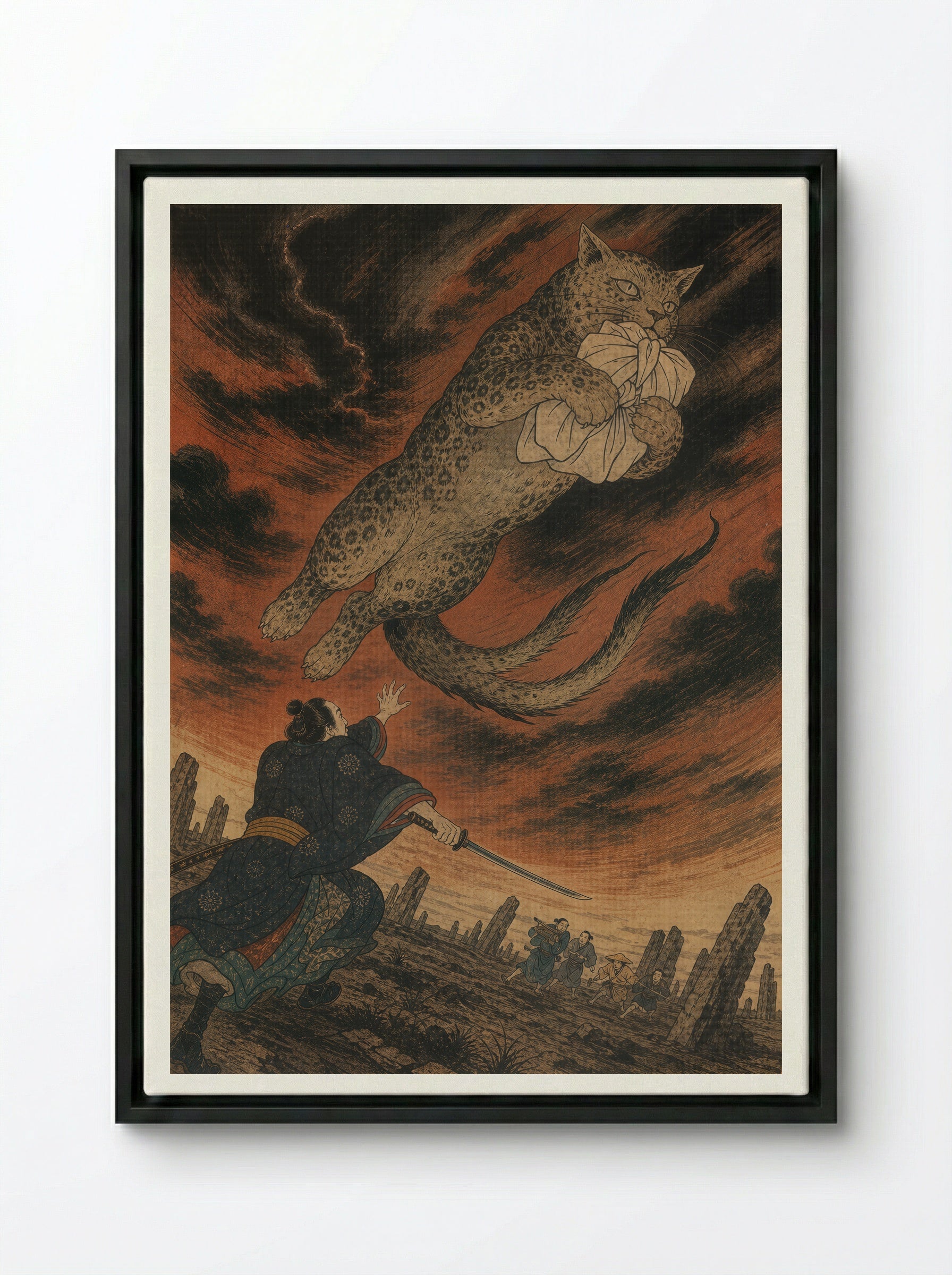 The Okazaki Cat Demon: The Forked-Tail Flight - Framed Canvas Black