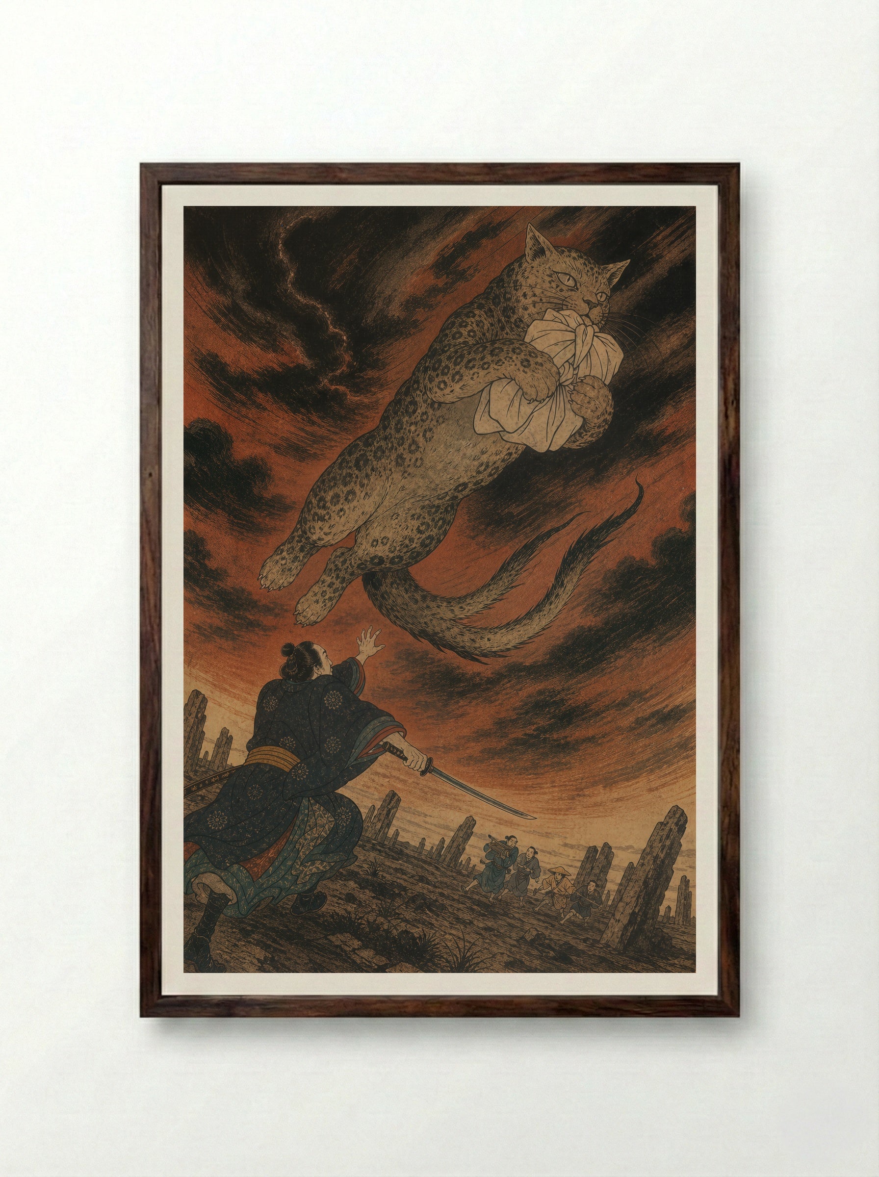 The Okazaki Cat Demon: The Forked-Tail Flight - Framed Print Dark Wood