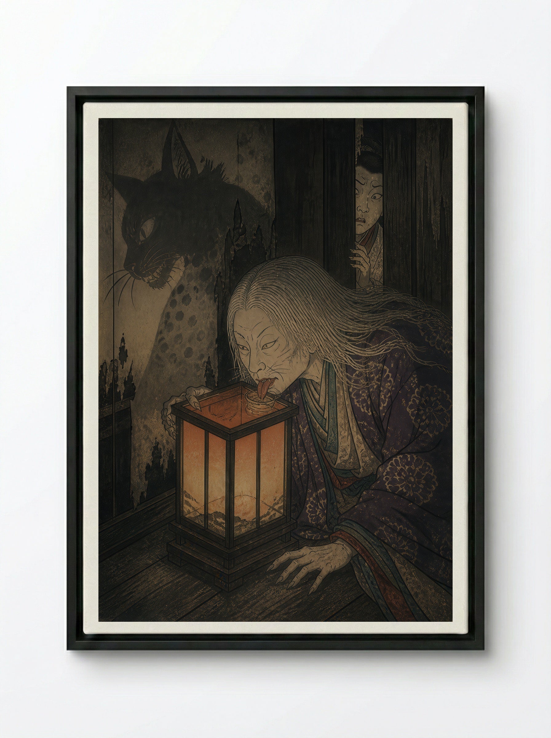 The Okazaki Cat Demon: The Lantern-Eater - Framed Canvas Black