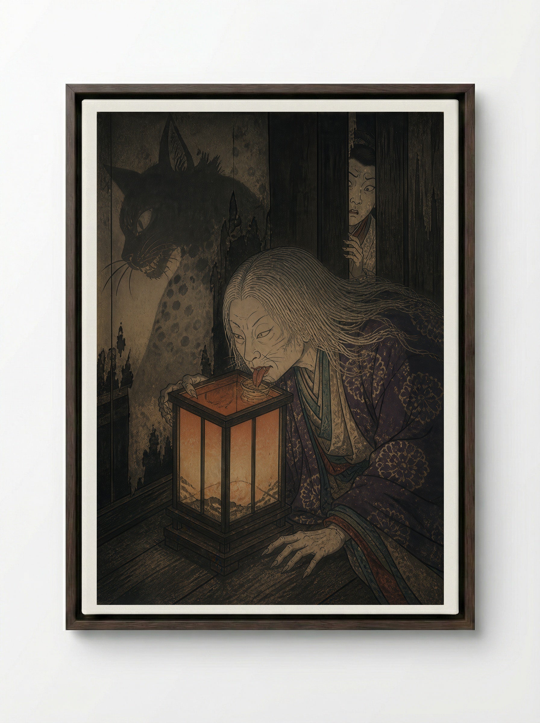 The Okazaki Cat Demon: The Lantern-Eater - Framed Canvas Dark Wood