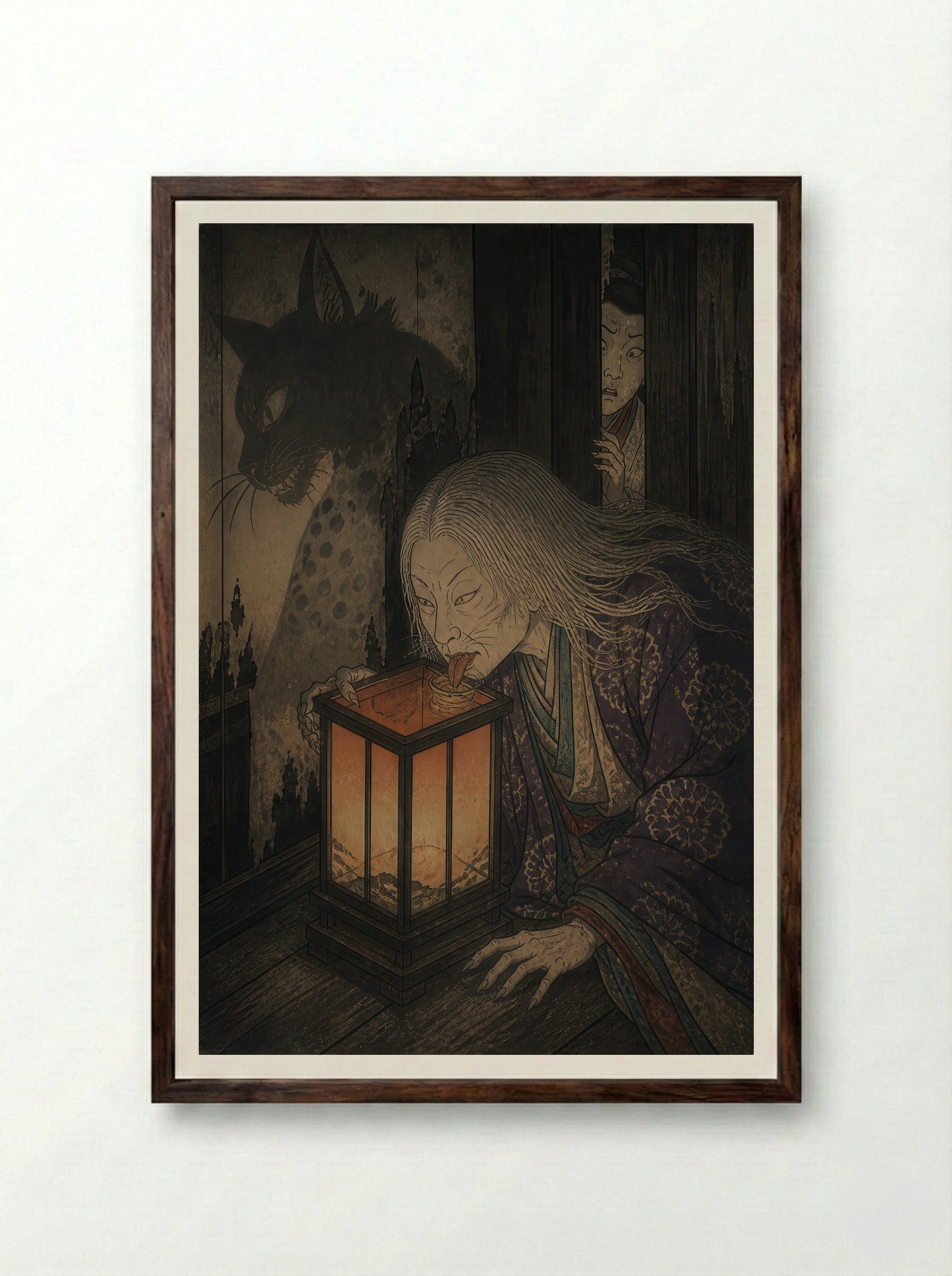 The Okazaki Cat Demon: The Lantern-Eater - Framed Print Dark Wood