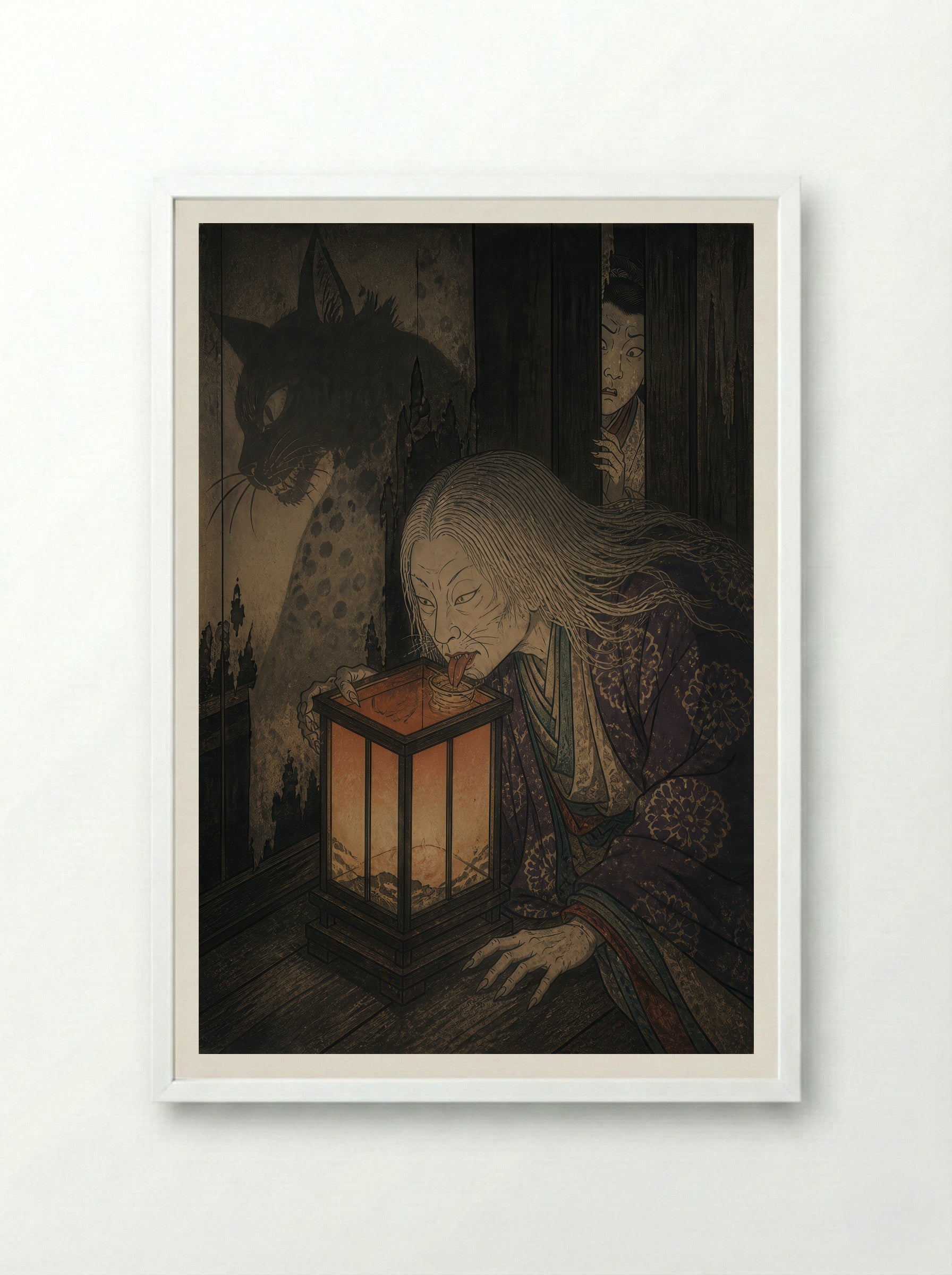 The Okazaki Cat Demon: The Lantern-Eater - Framed Print White
