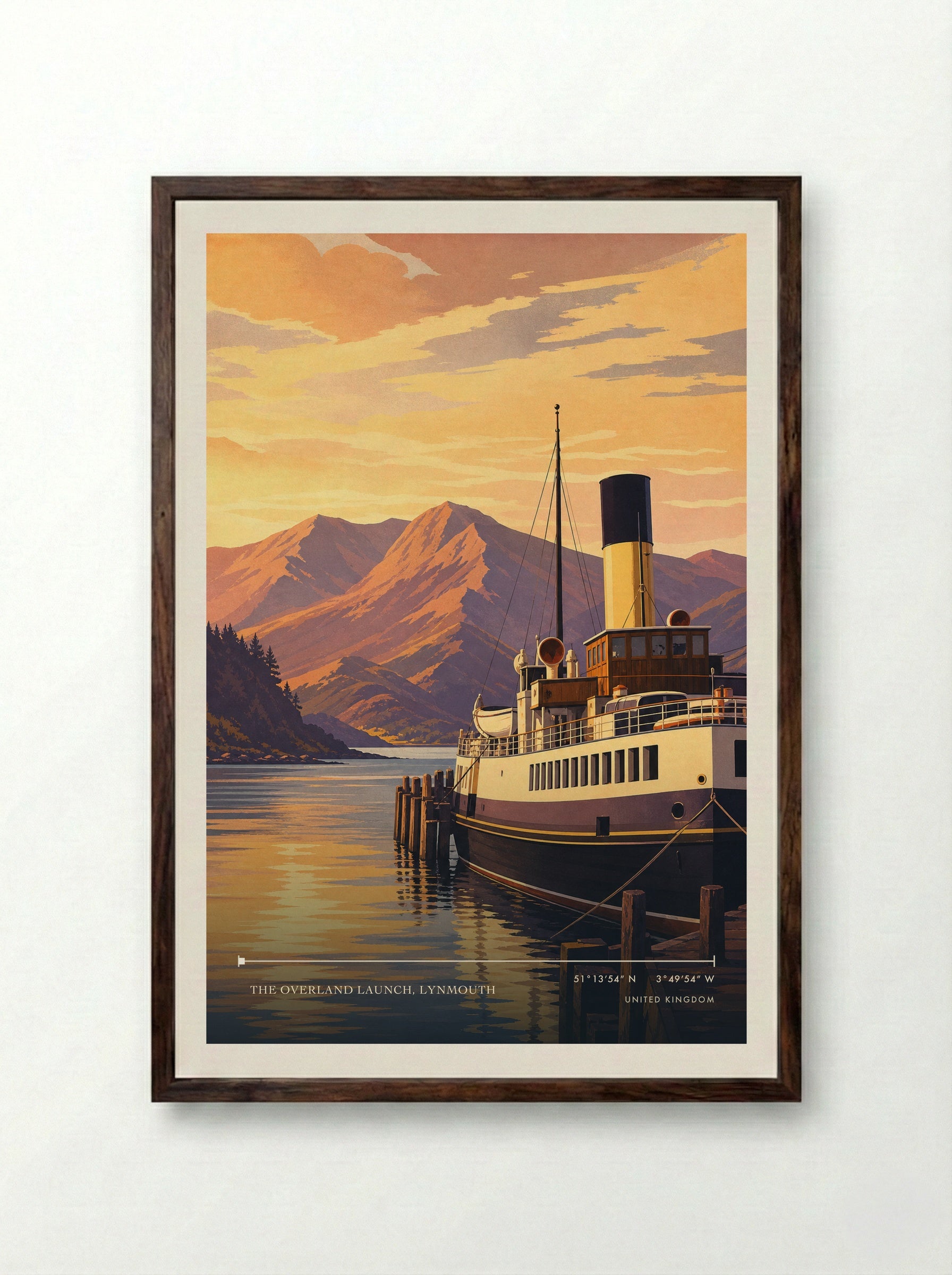 The Overland Launch, Lynmouth United Kingdom Travel Poster - Framed Print Dark Wood