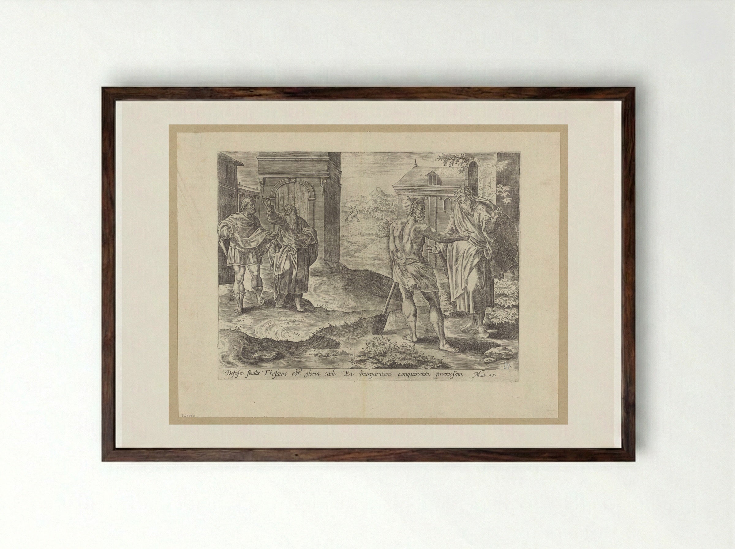 The Parable of the Hidden Treasure and the Pearl - Hans Collaert the Elder - Framed Print Dark Wood
