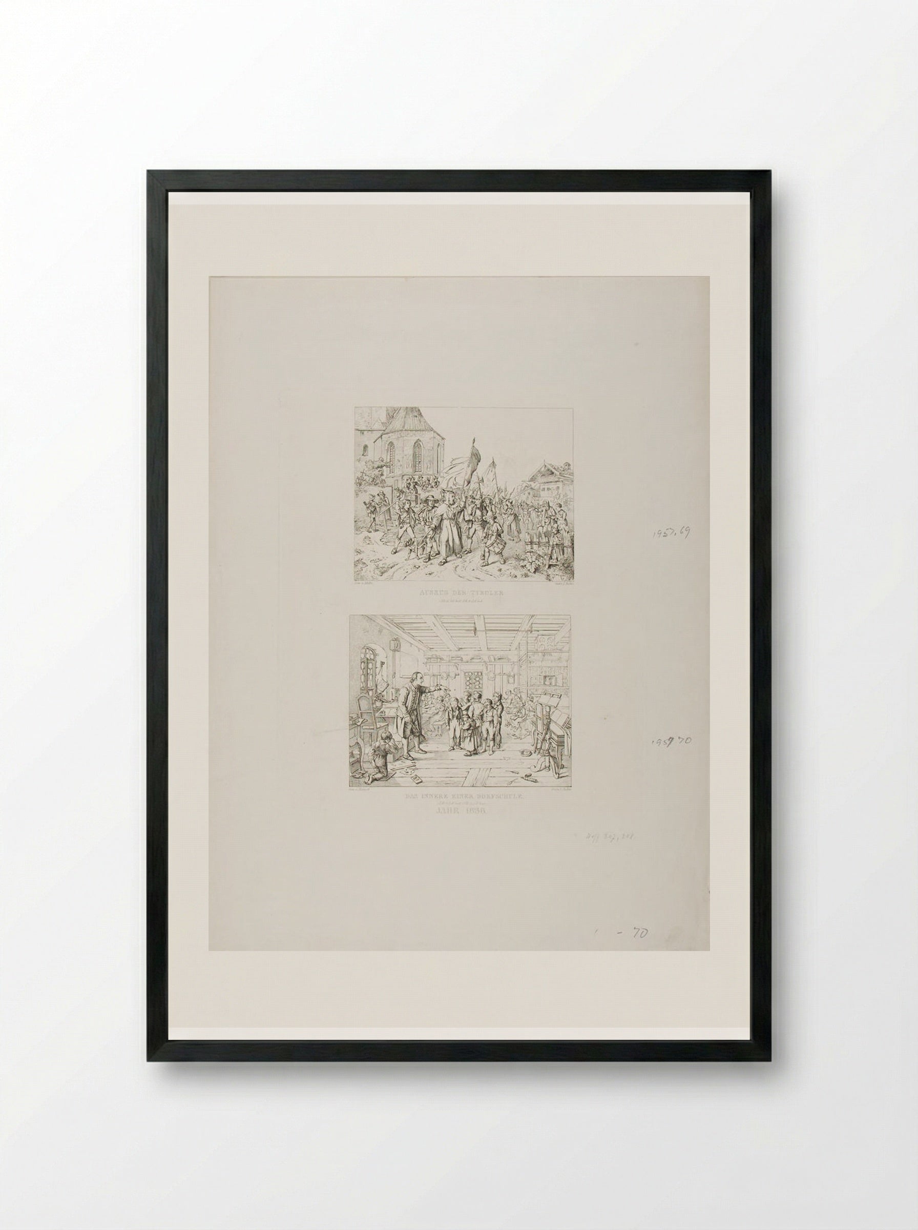 The Parade of the Tyrolese and The Interior of a Village School - Adrian Ludwig Richter - Framed Print Black