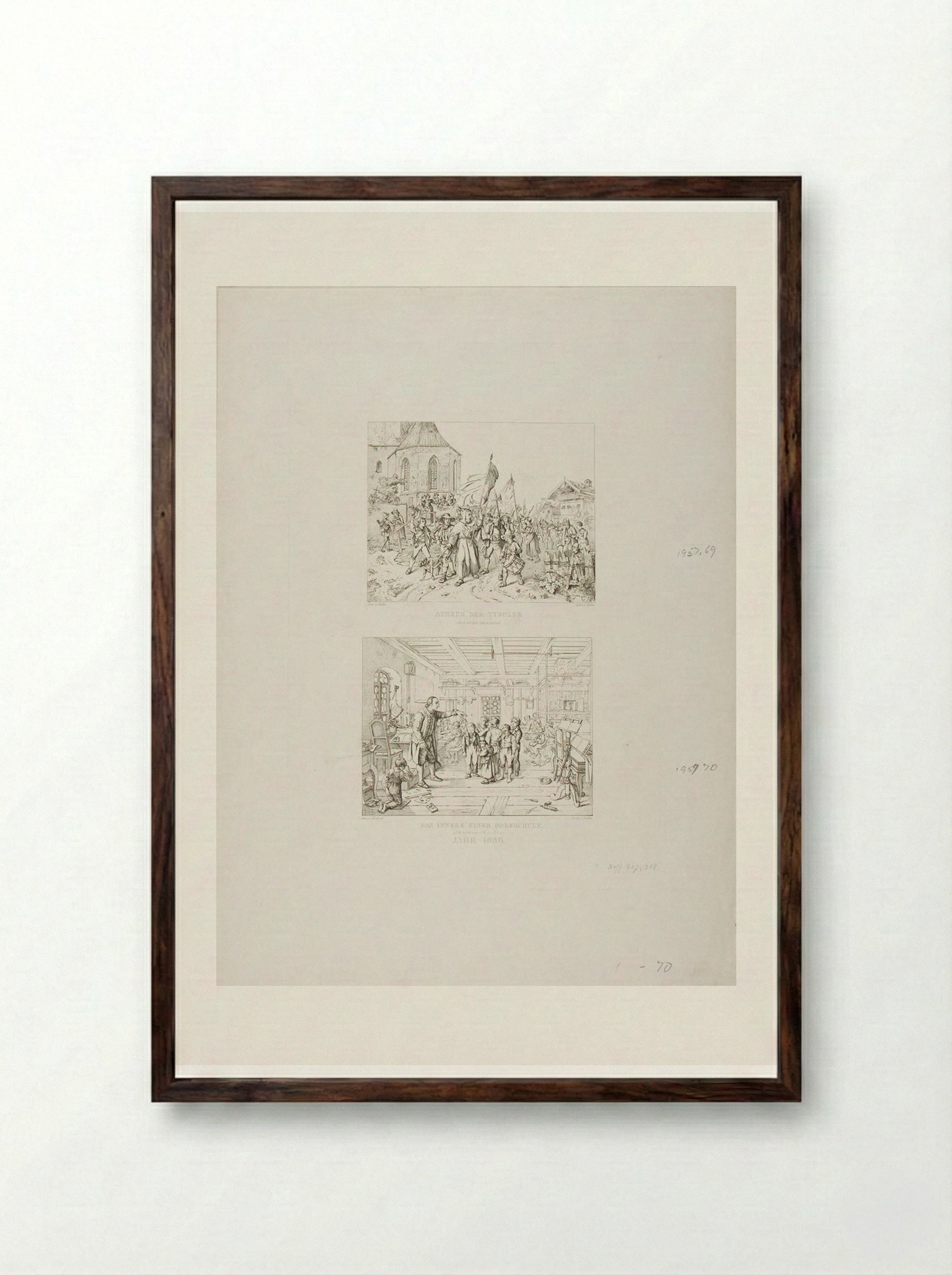The Parade of the Tyrolese and The Interior of a Village School - Adrian Ludwig Richter - Framed Print Dark Wood