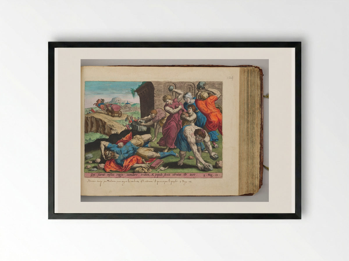 The People Stoning Adoram - Hans Collaert the Elder - Framed Print Black
