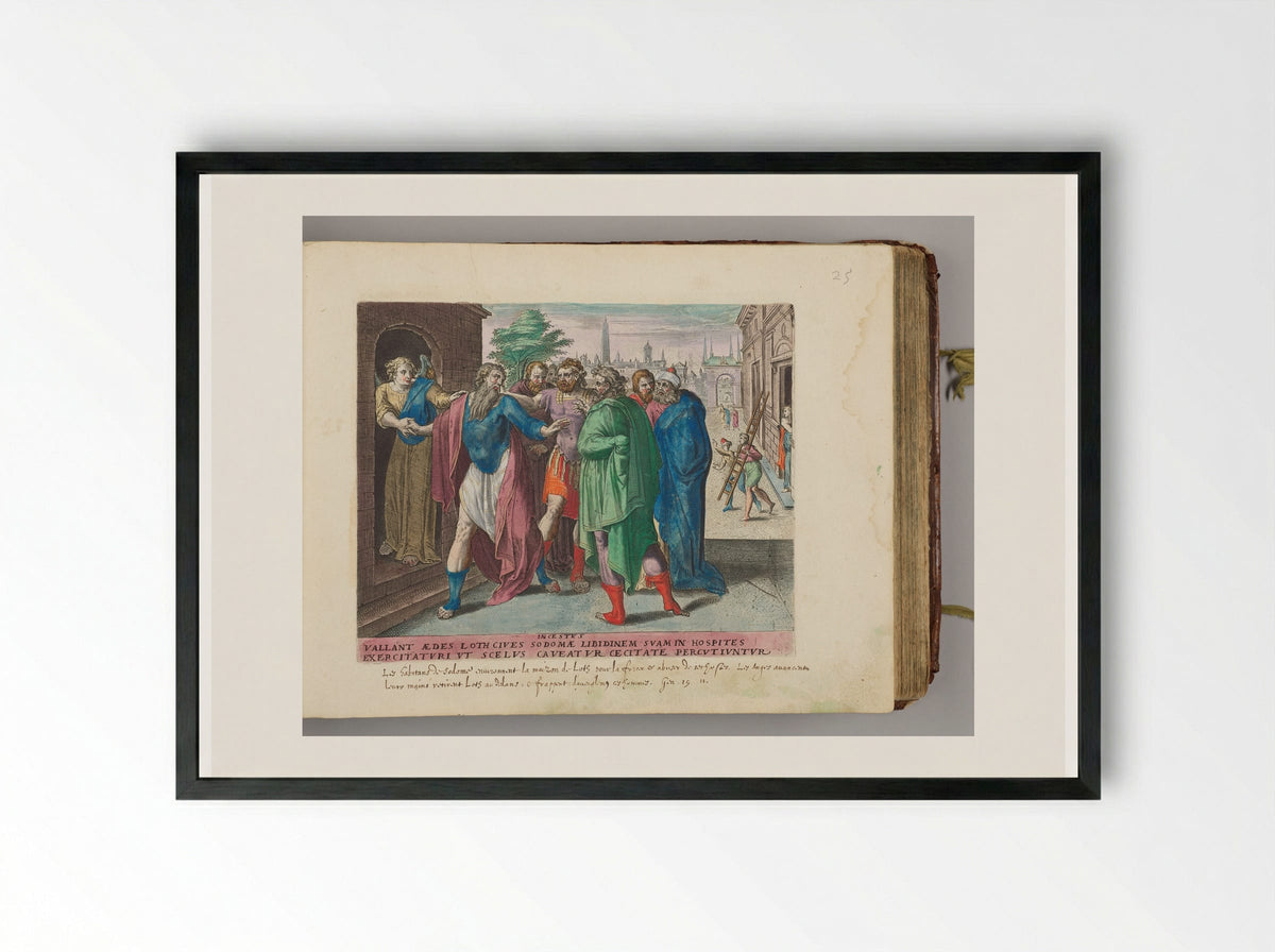 The People of Sodom Surrounding Lot's House - Hans Collaert the Elder - Framed Print Black