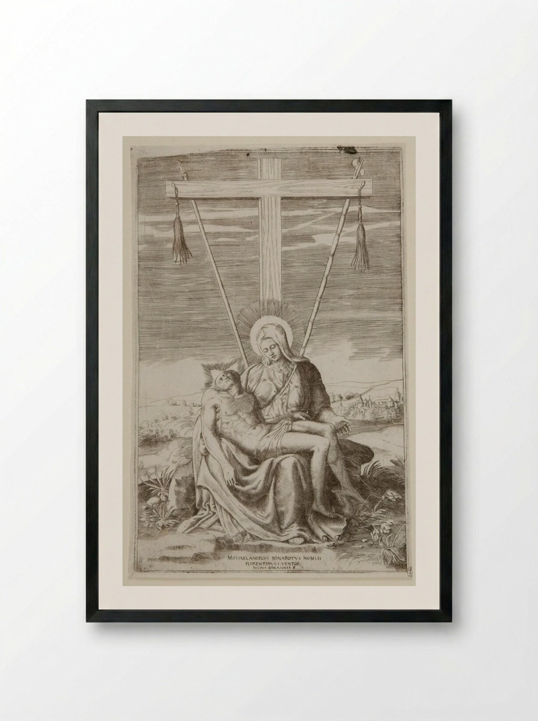 The Pietà under the Cross of Golgotha - Giulio Bonasone - Framed Print Black
