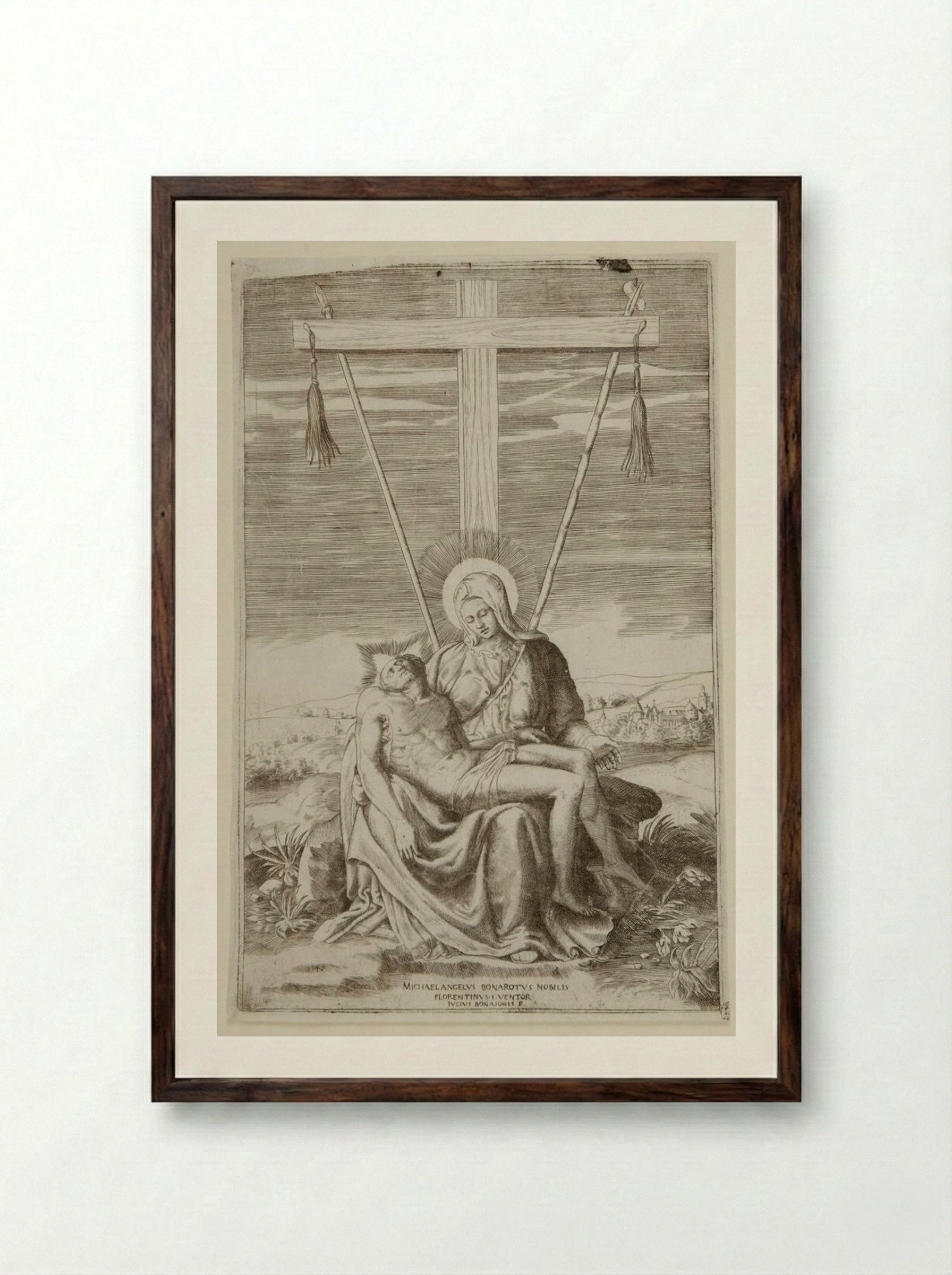 The Pietà under the Cross of Golgotha - Giulio Bonasone - Framed Print Dark Wood