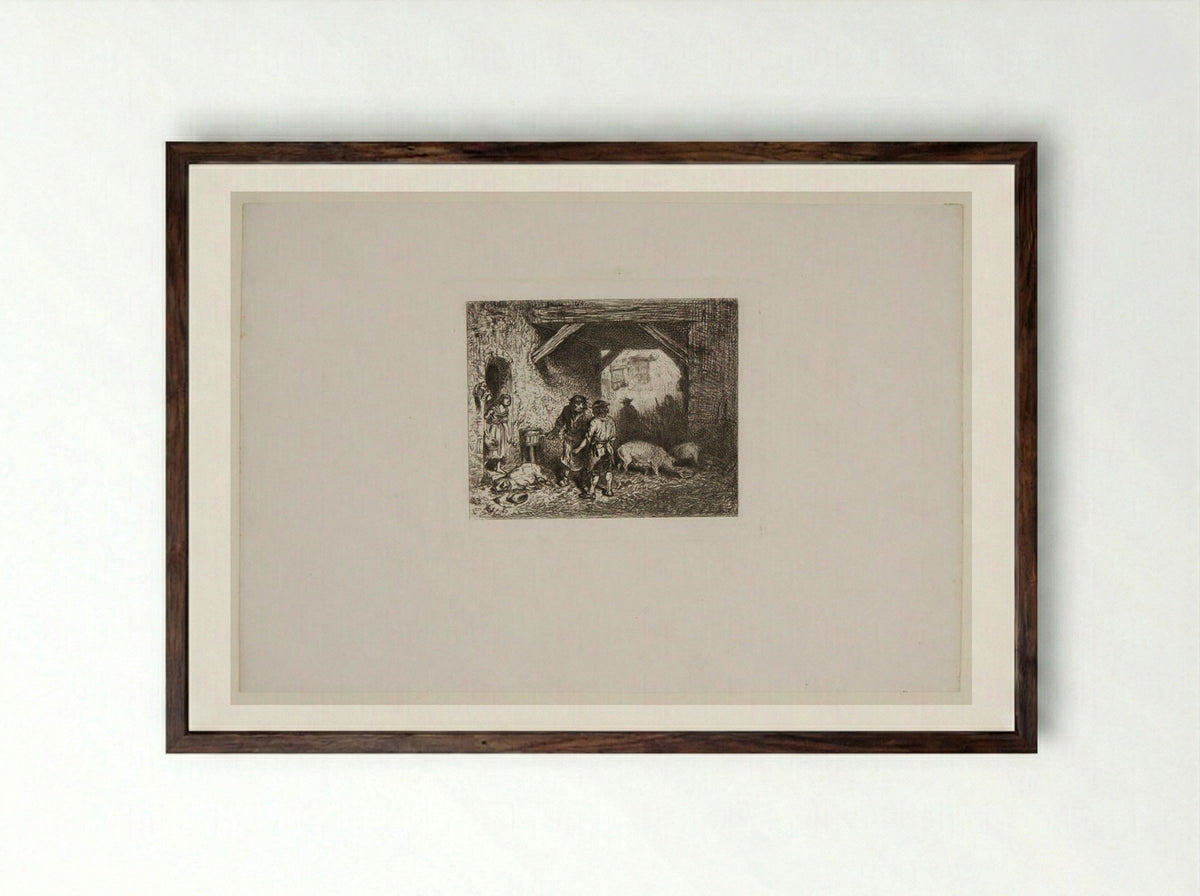 The Pig Slayers - Charles-Émile Jacque - Framed Print Dark Wood