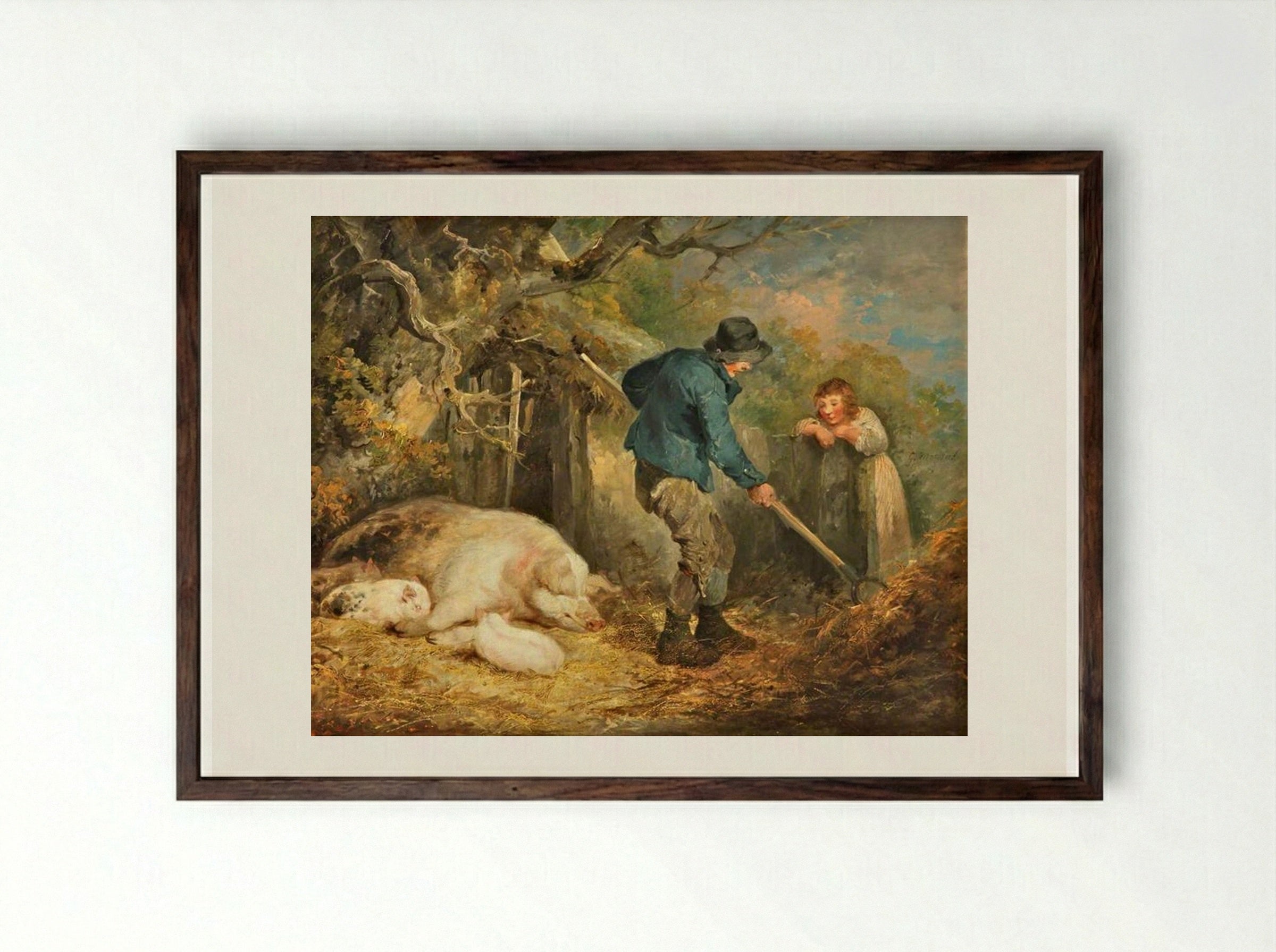 The Piggery - George Morland - Framed Print Dark Wood