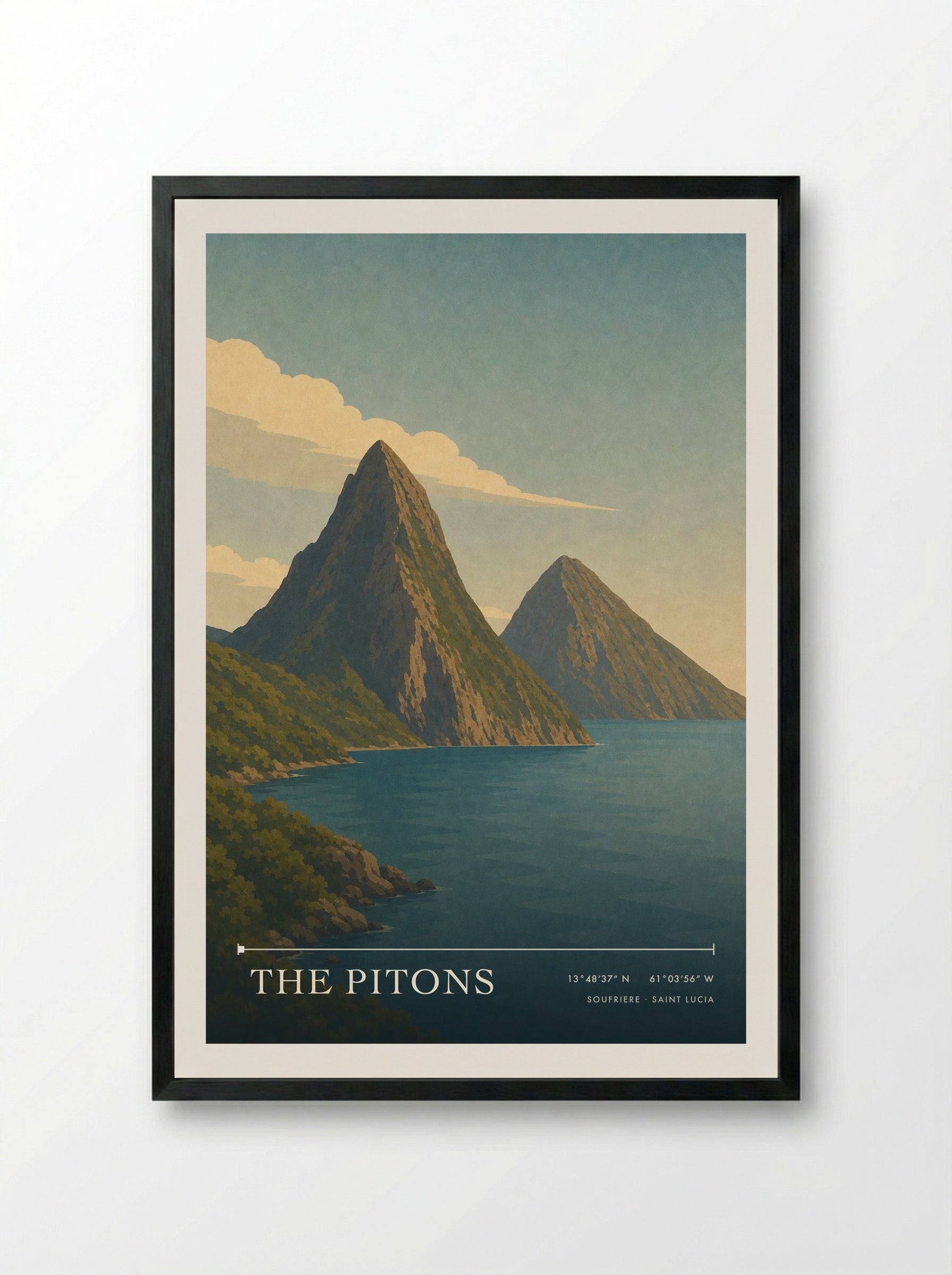The Pitons Travel Poster Artwork - Framed Print Black