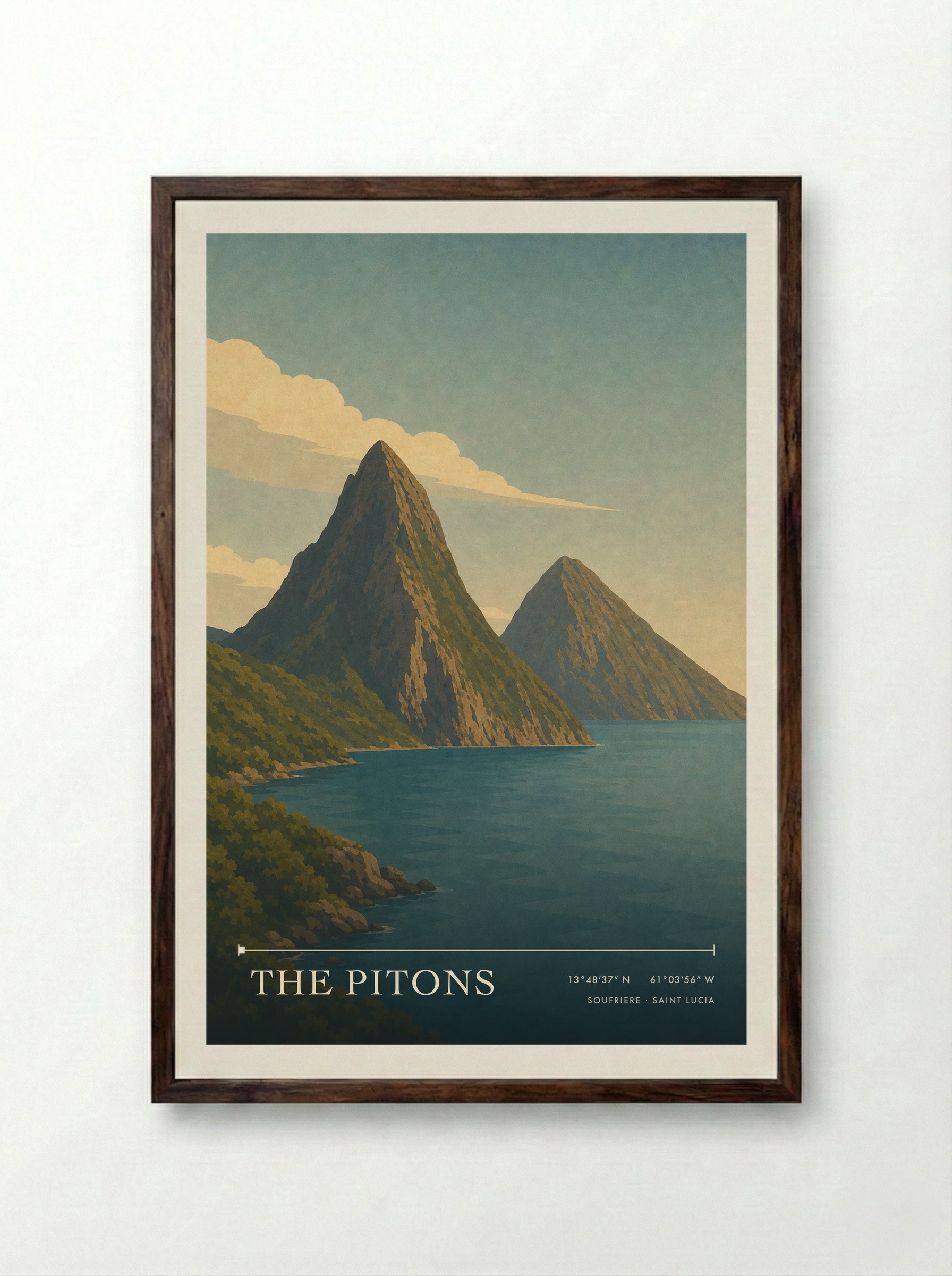 The Pitons Travel Poster Artwork - Framed Print Dark Wood