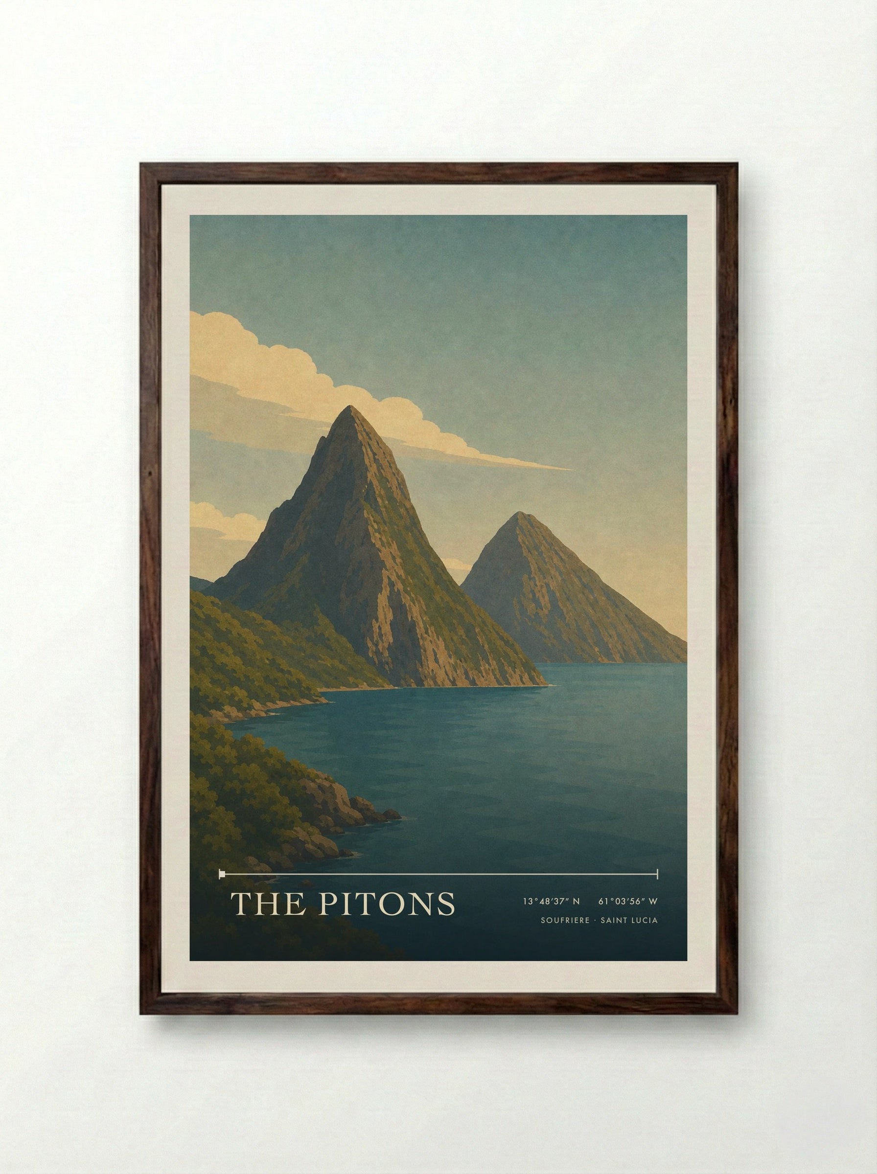 The Pitons Travel Poster Artwork - Framed Print Dark Wood