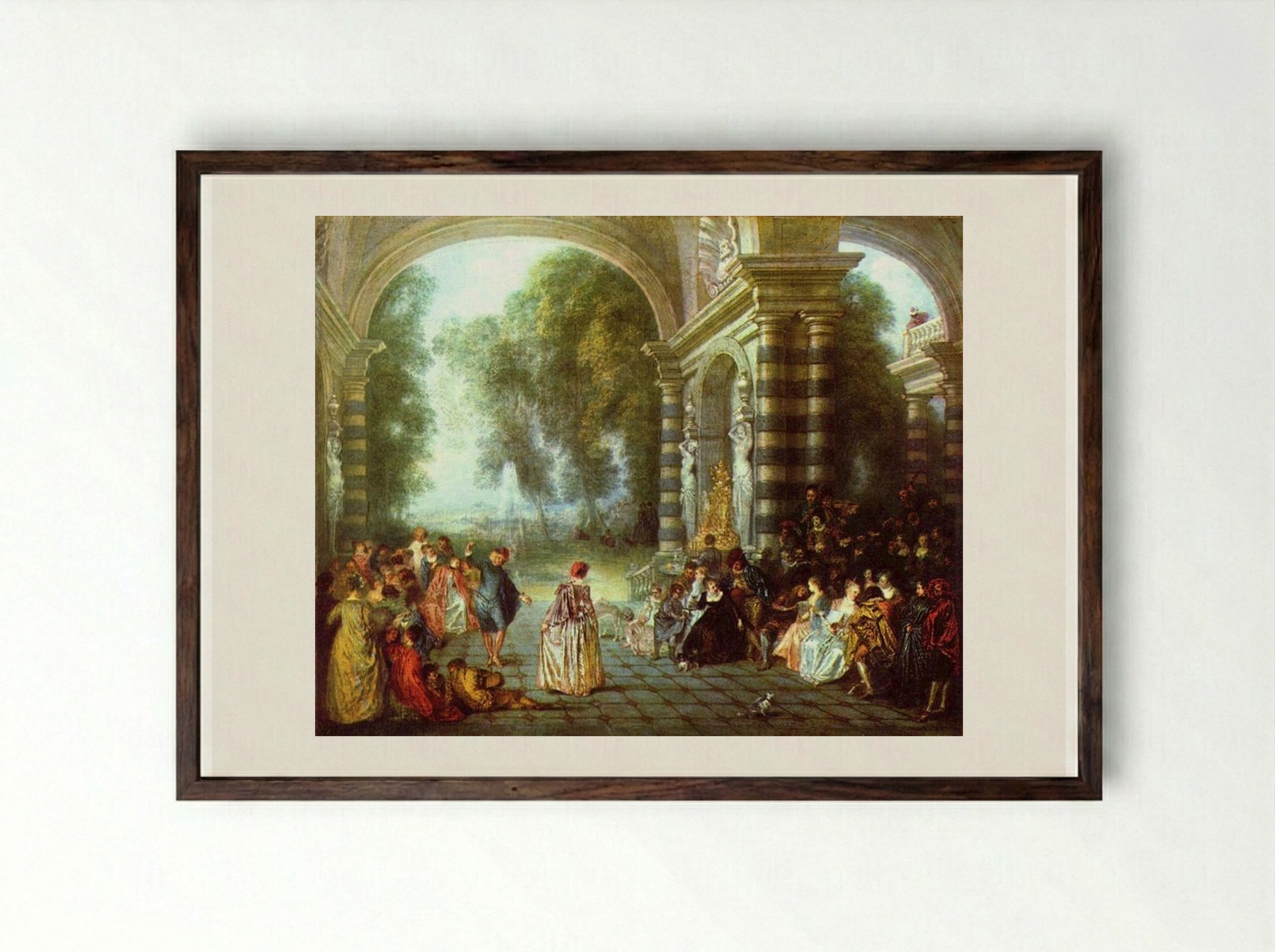 The Pleasures of the Ball - Antoine Watteau - Framed Print Dark Wood