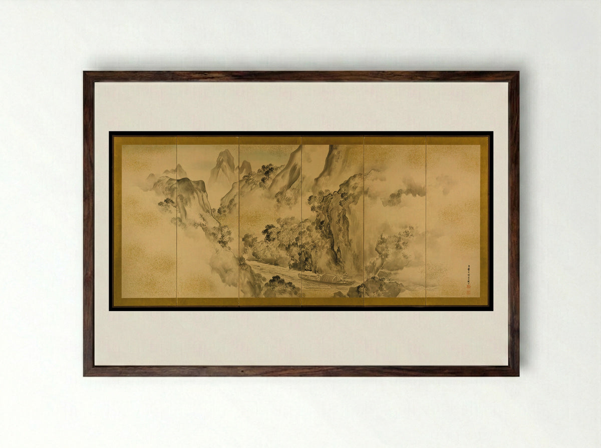 The Poet Li Bo's Visit to Mount Emei - Shiokawa Bunrin - Framed Print Dark Wood