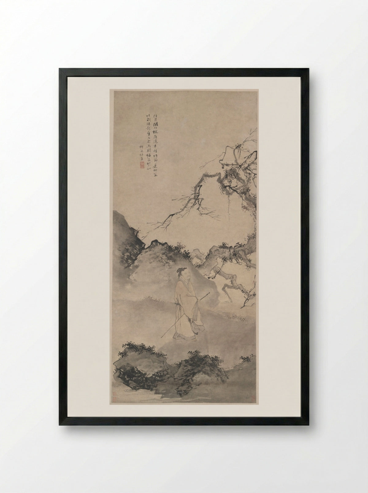 The Poet Lin Bu Wandering in the Moonlight - Du Jin - Framed Print Black