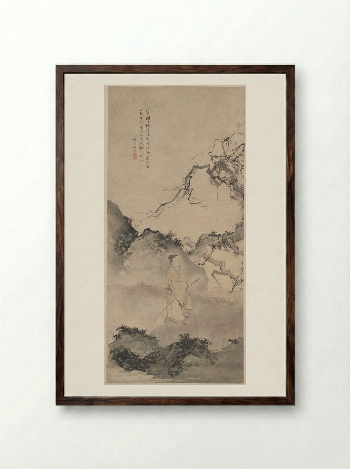 The Poet Lin Bu Wandering in the Moonlight - Du Jin - Framed Print Dark Wood