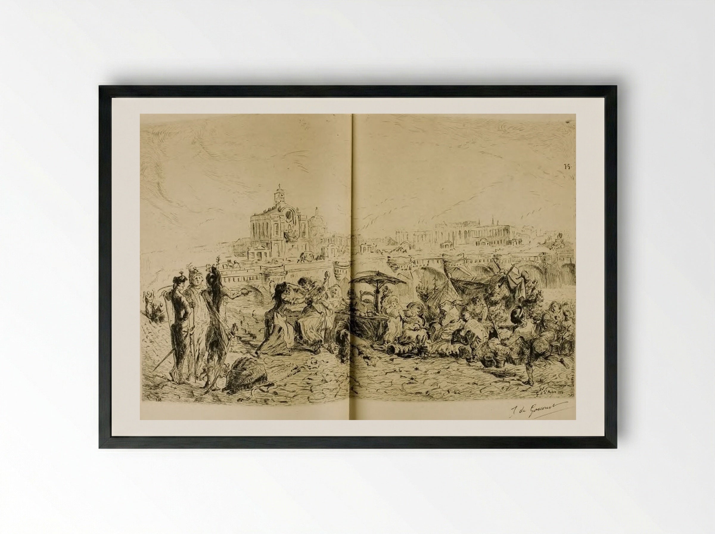 The Pont Neuf and the Samaritaine in 1775 - Jules de Goncourt - Framed Print Black