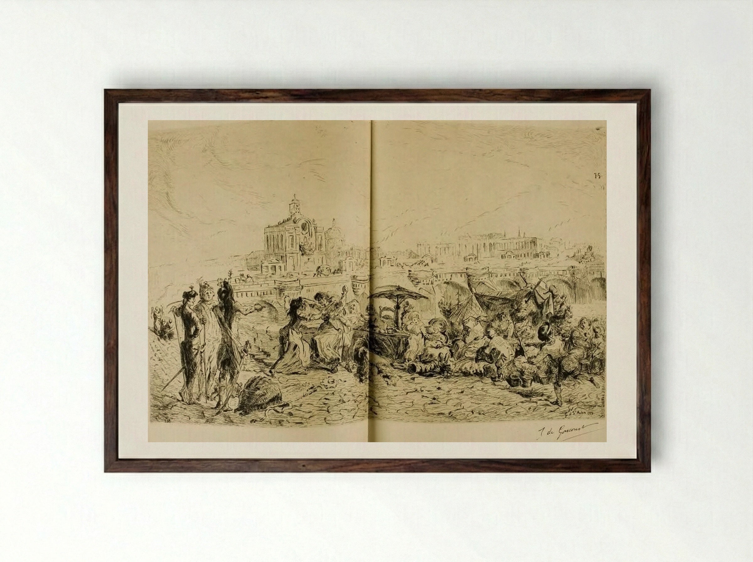 The Pont Neuf and the Samaritaine in 1775 - Jules de Goncourt - Framed Print Dark Wood