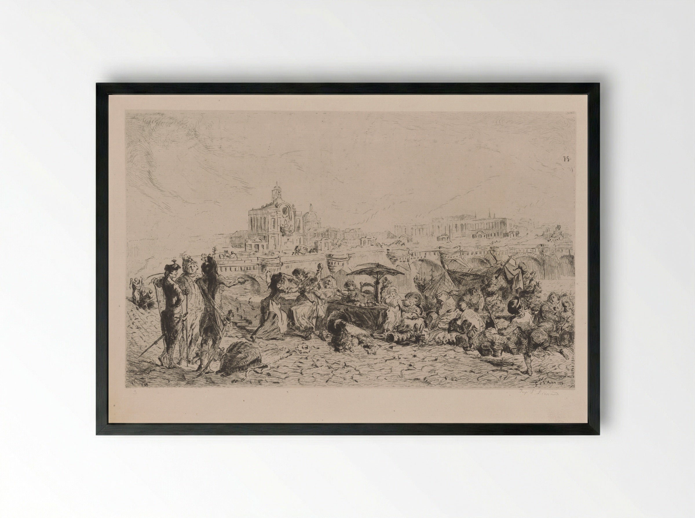 The Pont Neuf and the Samaritaine - Gabriel de Saint-Aubin - Framed Print Black