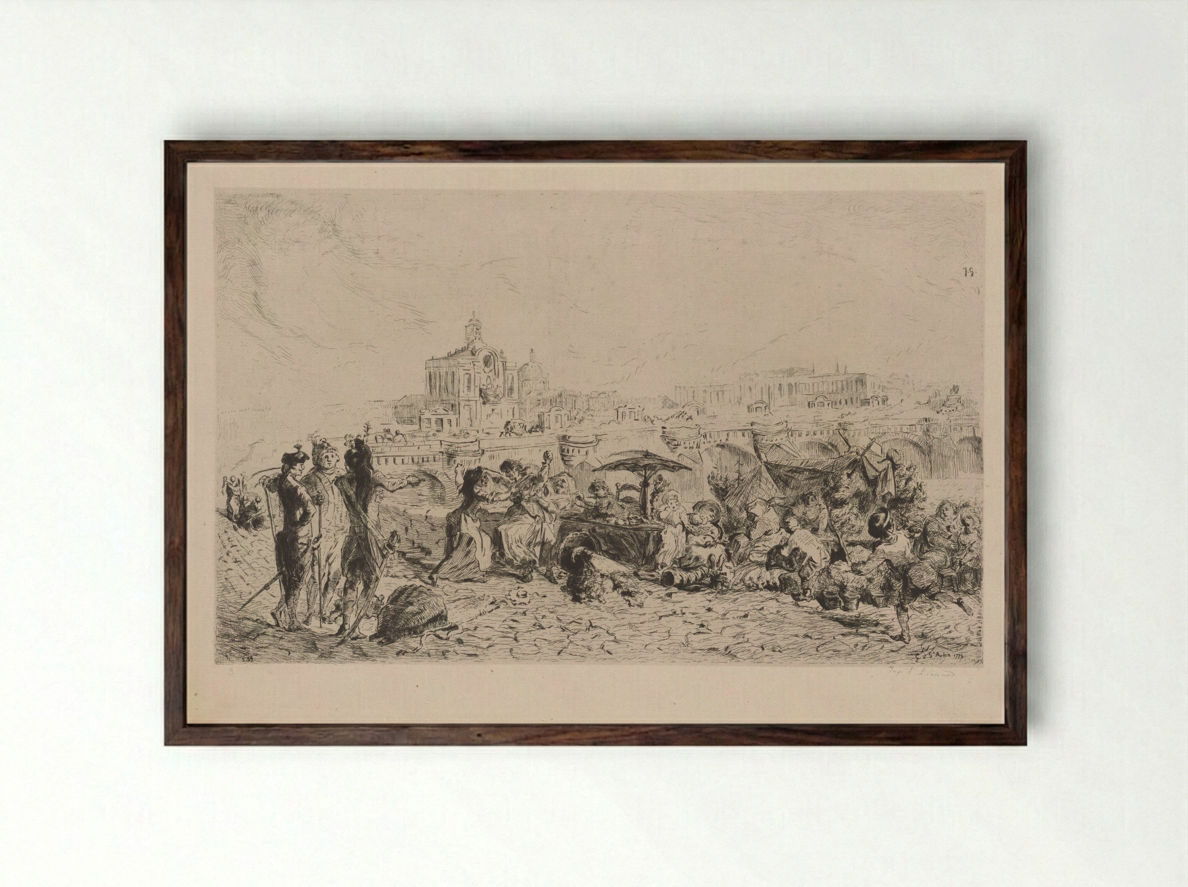 The Pont Neuf and the Samaritaine - Gabriel de Saint-Aubin - Framed Print Dark Wood