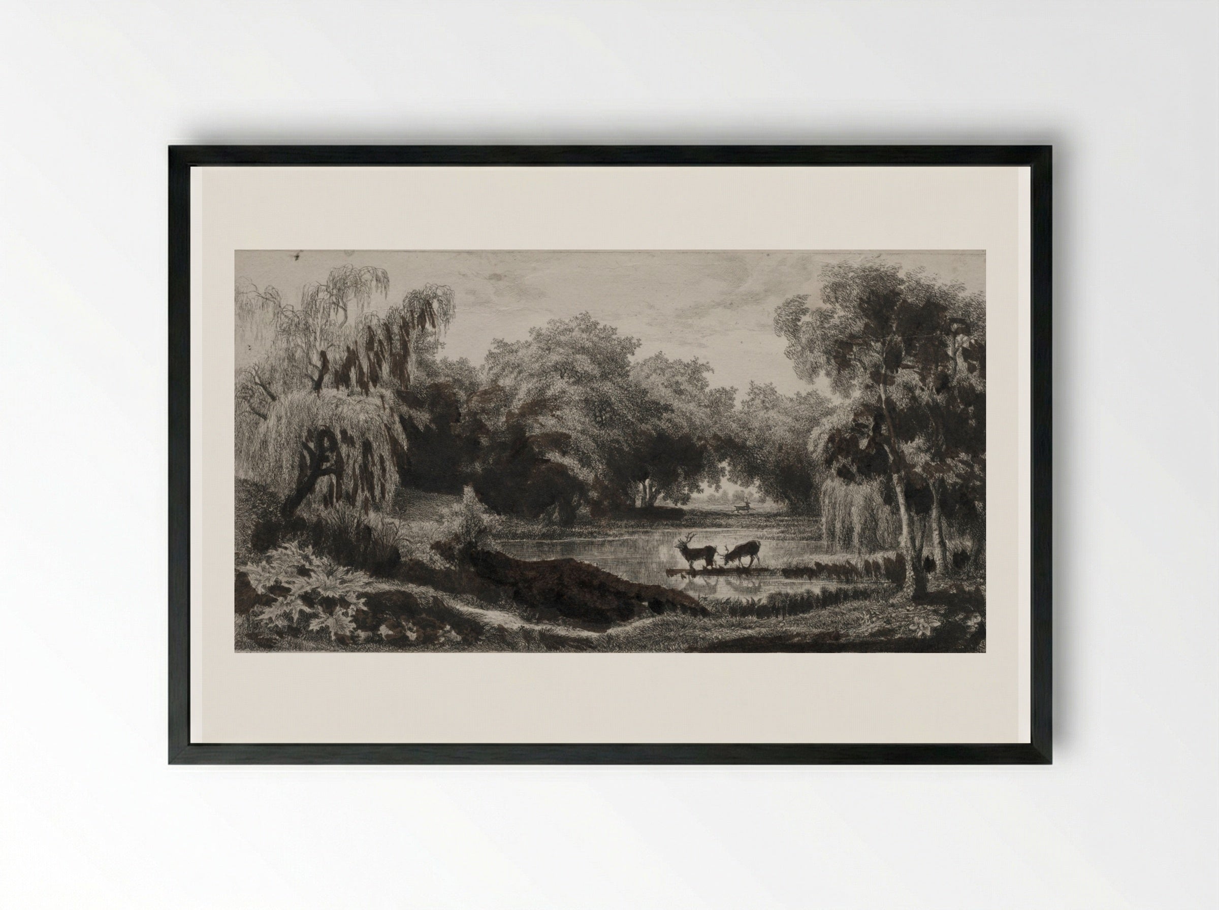 The Pool with Stags - Charles François Daubigny - Framed Print Black