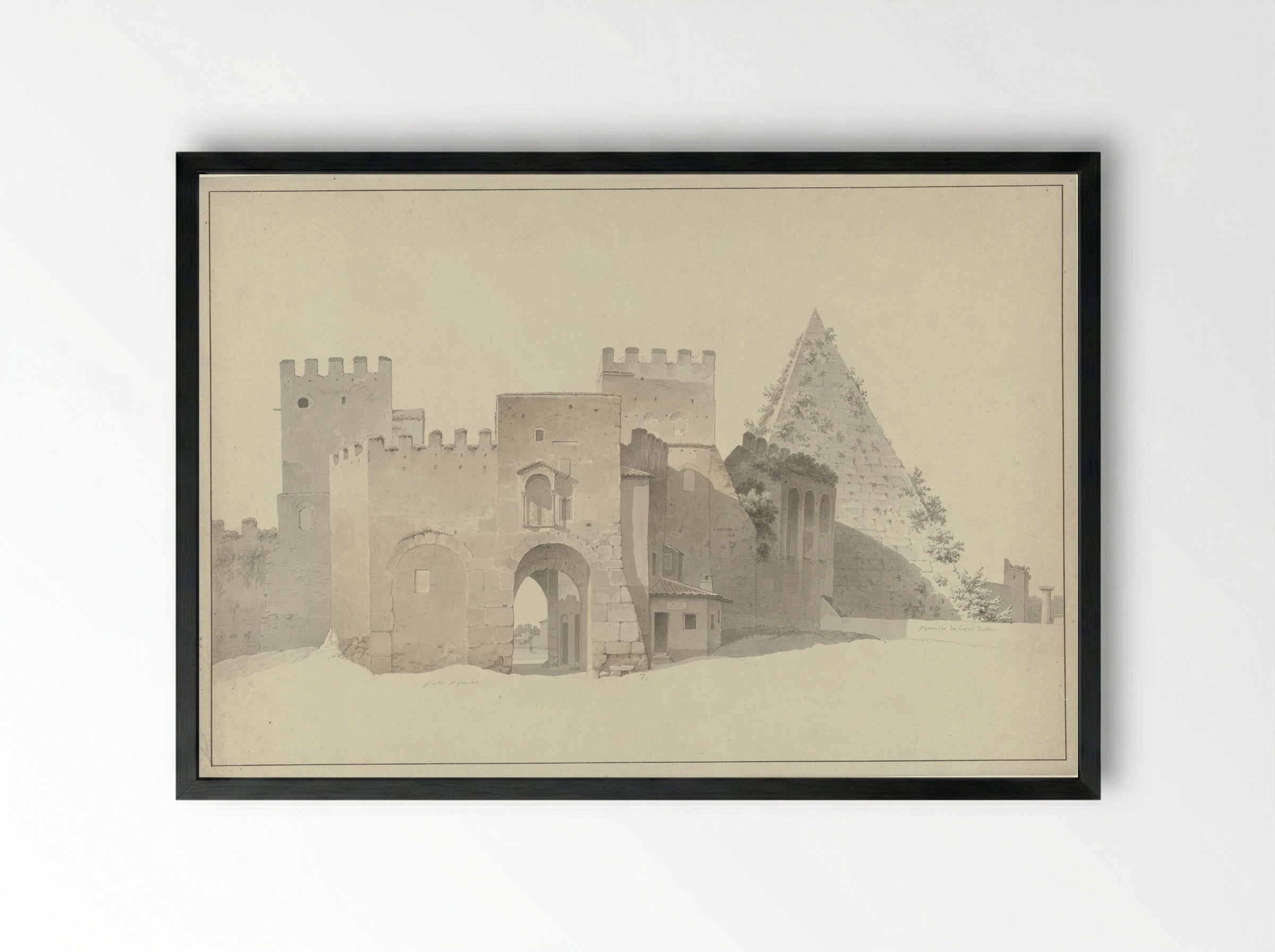 The Porta San Paolo and the Pyramid of Cestius in Rome - Josephus Augustus Knip - Framed Print Black