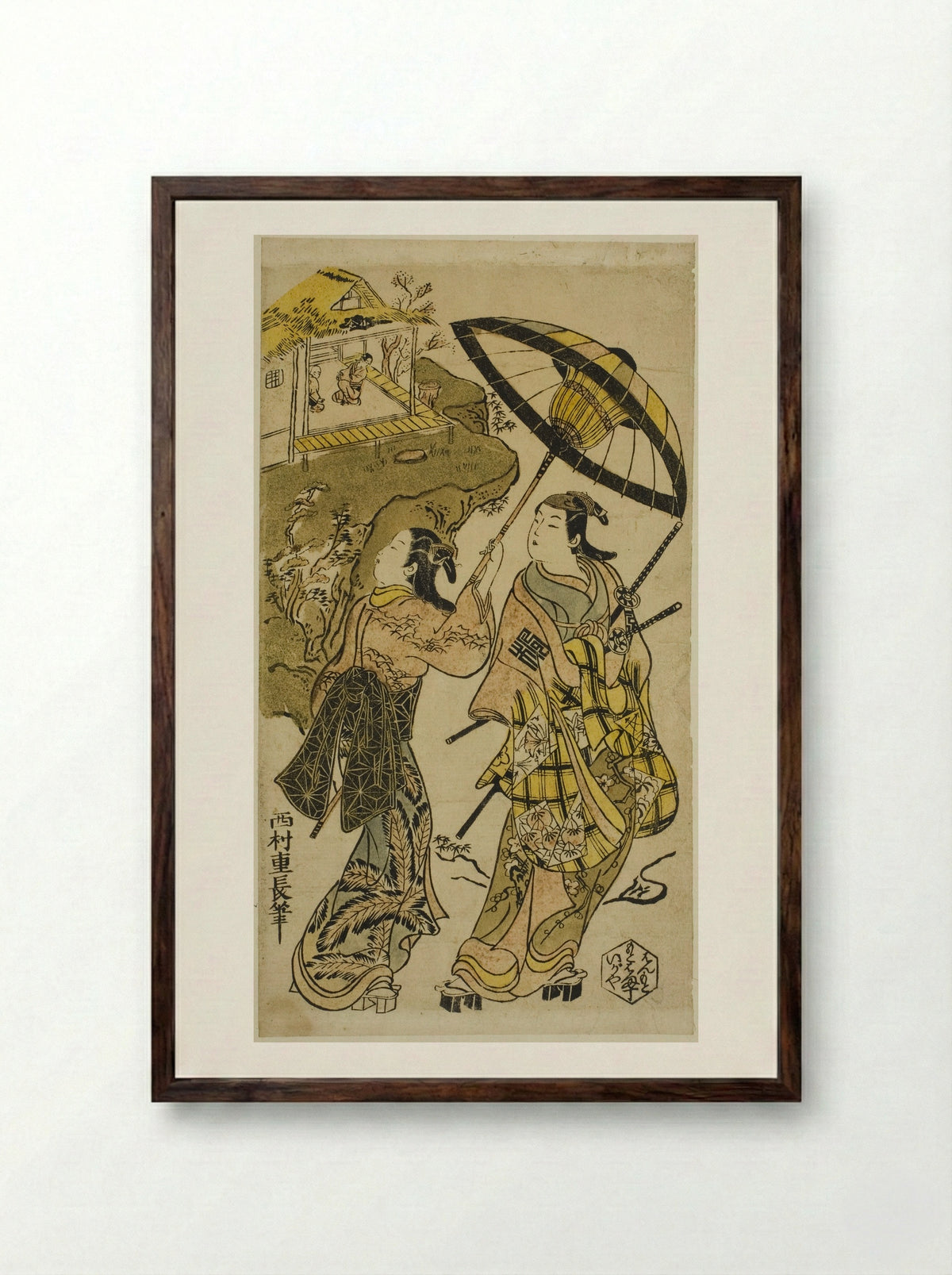 The Portrait of Actors at the Ogura Cottage - Nishimura Shigenaga - Framed Print Dark Wood