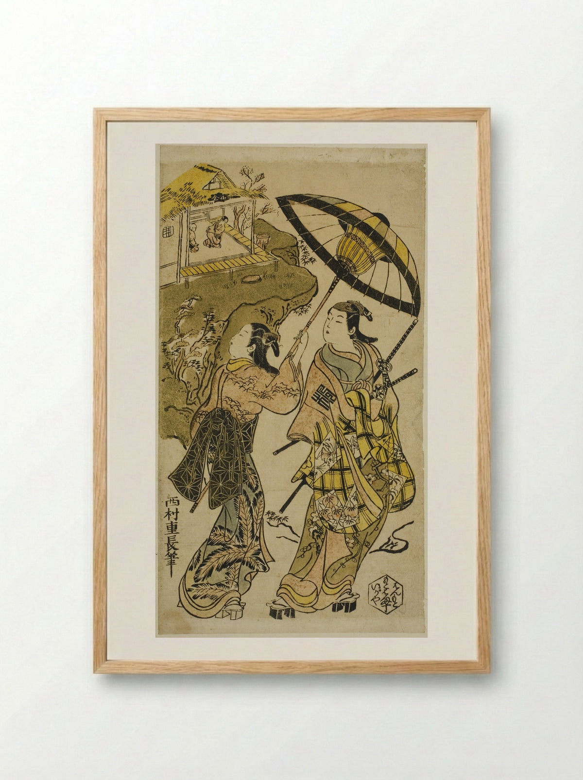 The Portrait of Actors at the Ogura Cottage - Nishimura Shigenaga - Framed Print Wood