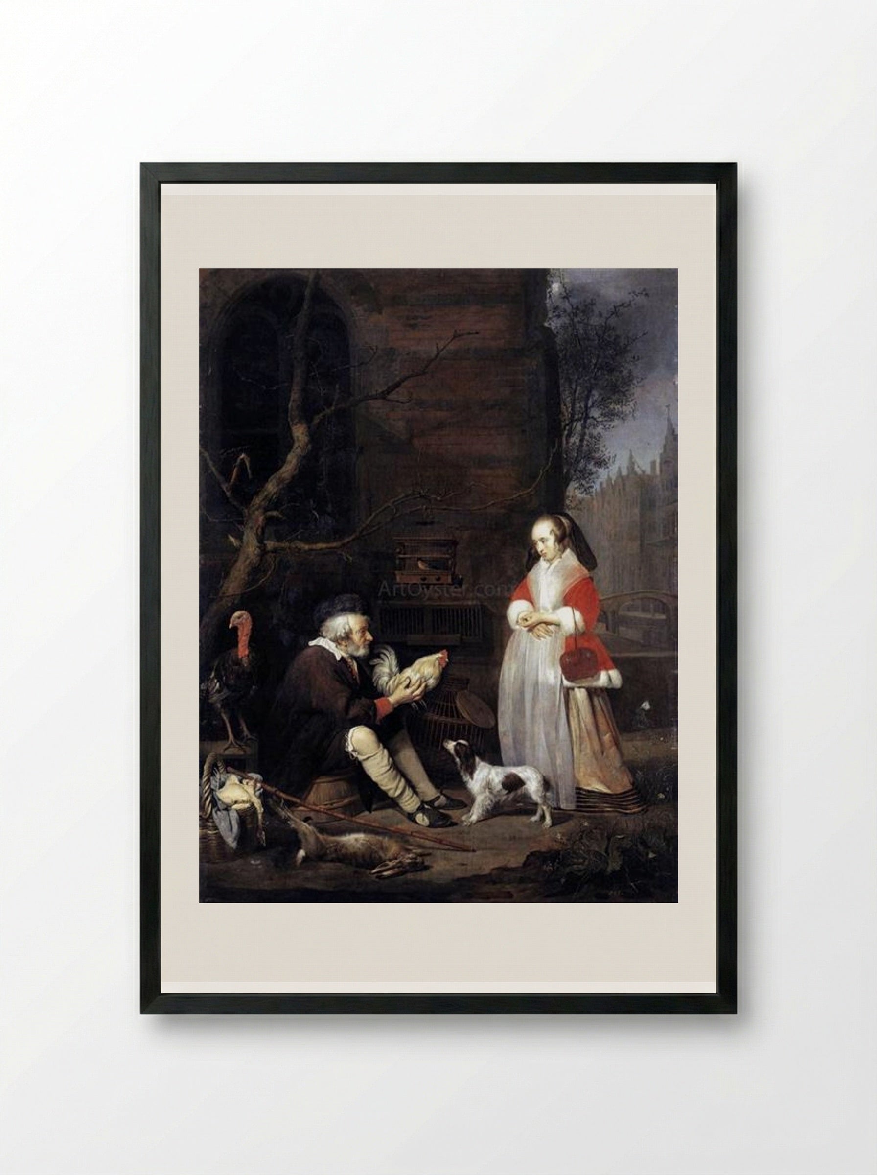 The Poultry Seller - Gabriel Metsu - Framed Print Black