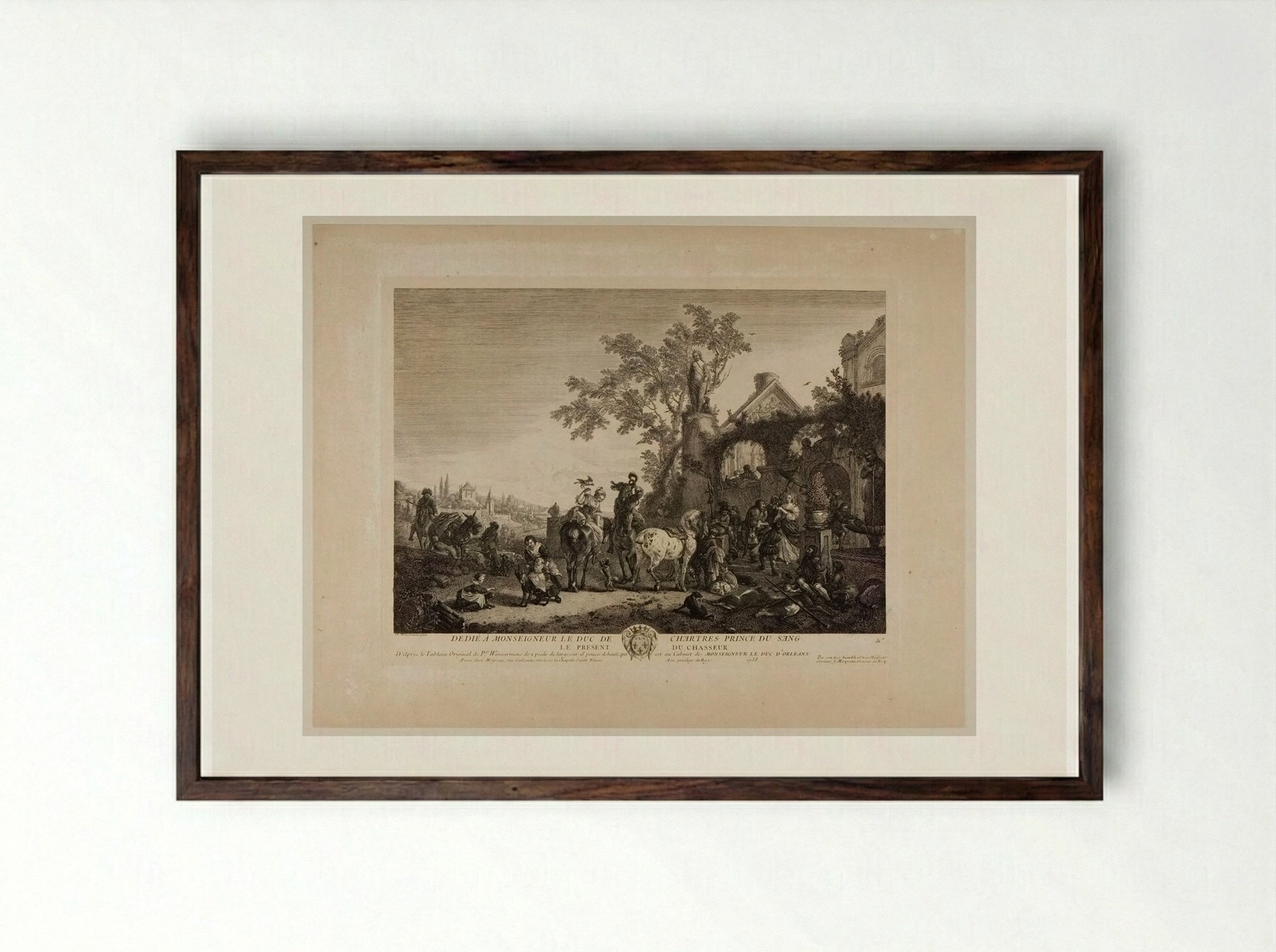 The Presentation of the Hunter - Jean Moyreau - Framed Print Dark Wood
