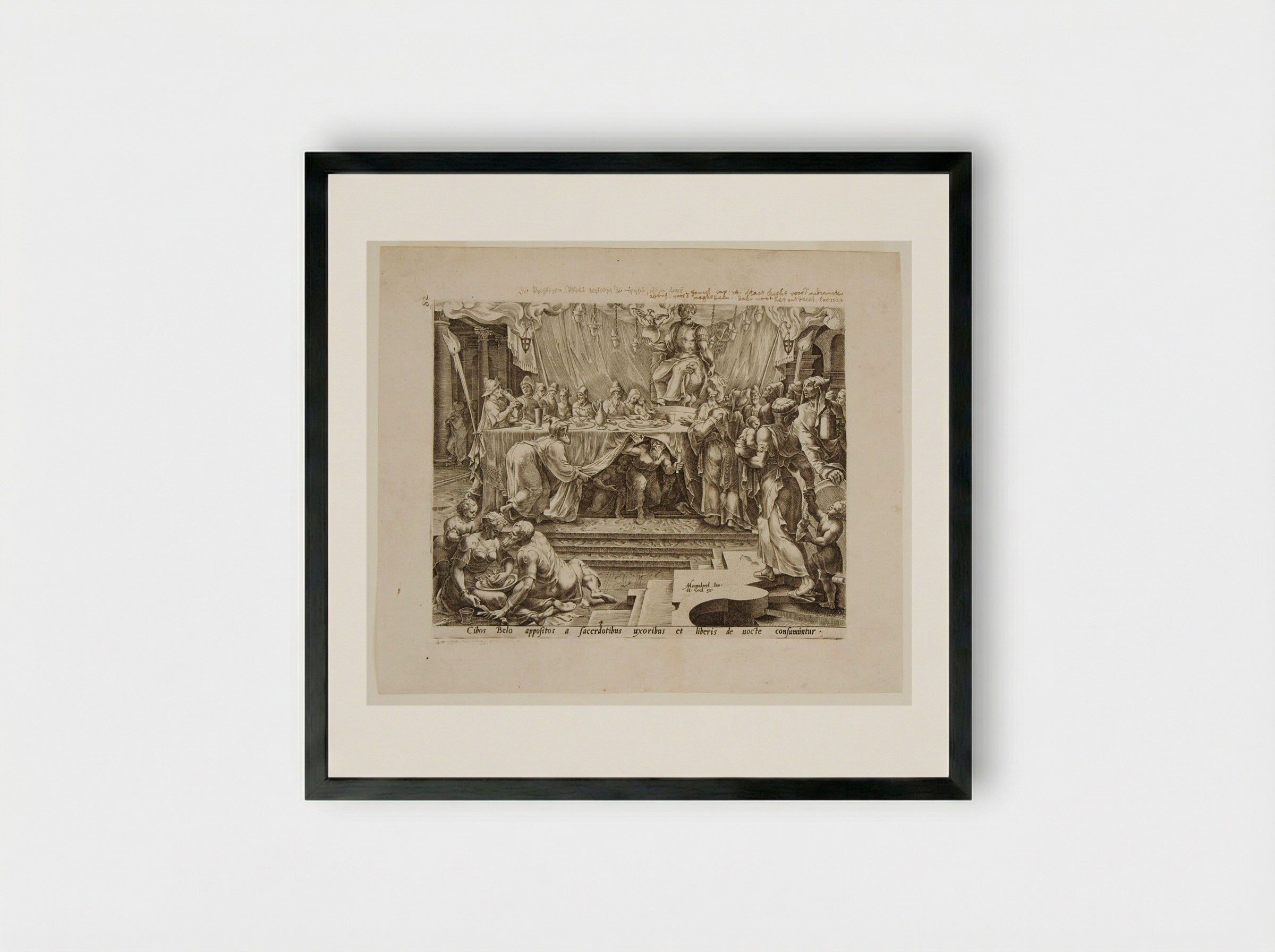 The Priests, Their Wives and Children Eat the Offerings to Baal - Philips Galle - Framed Print Black