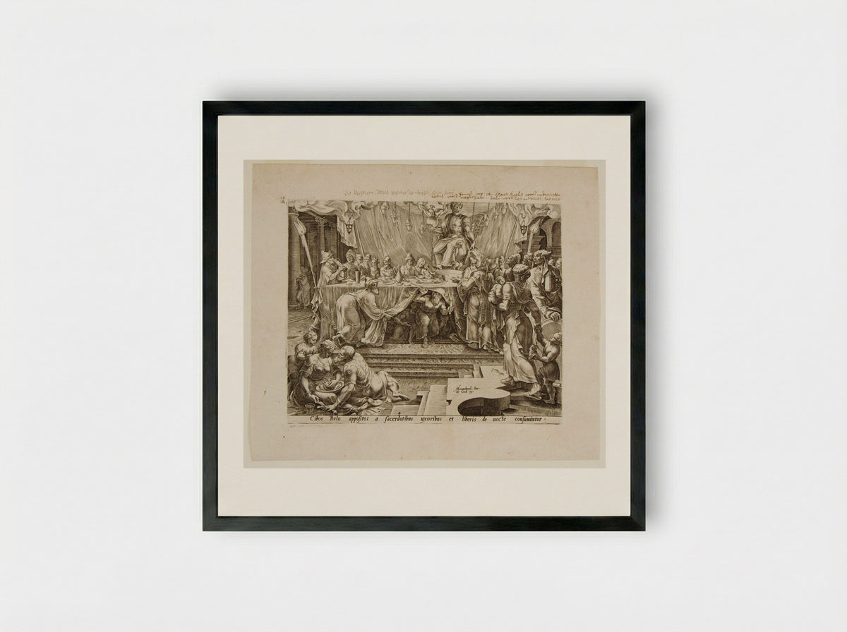 The Priests, Their Wives and Children Eat the Offerings to Baal - Philips Galle - Framed Print Black