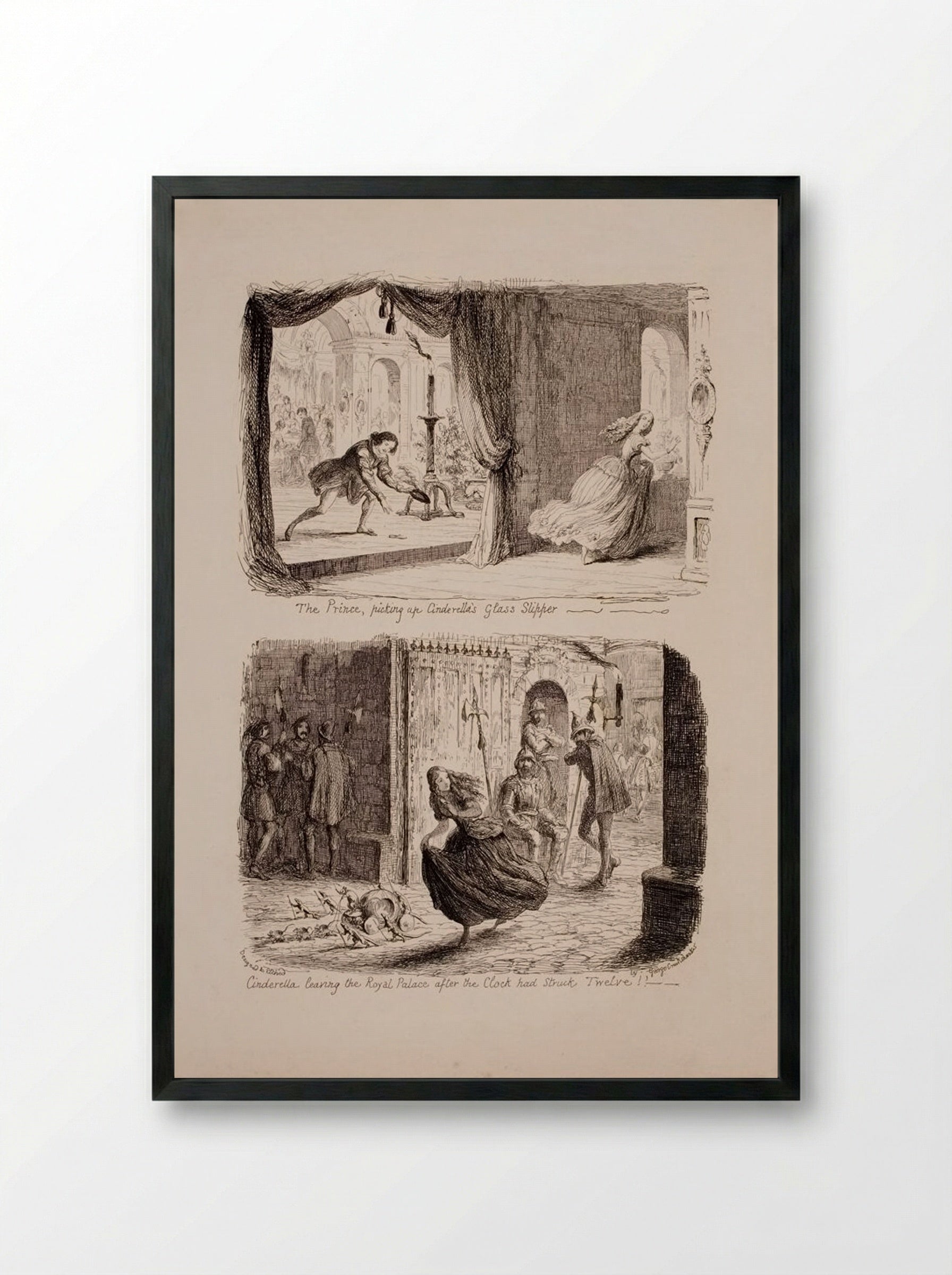 The Prince, Picking up Cinderella's Glass Slipper - George Cruikshank - Framed Print Black