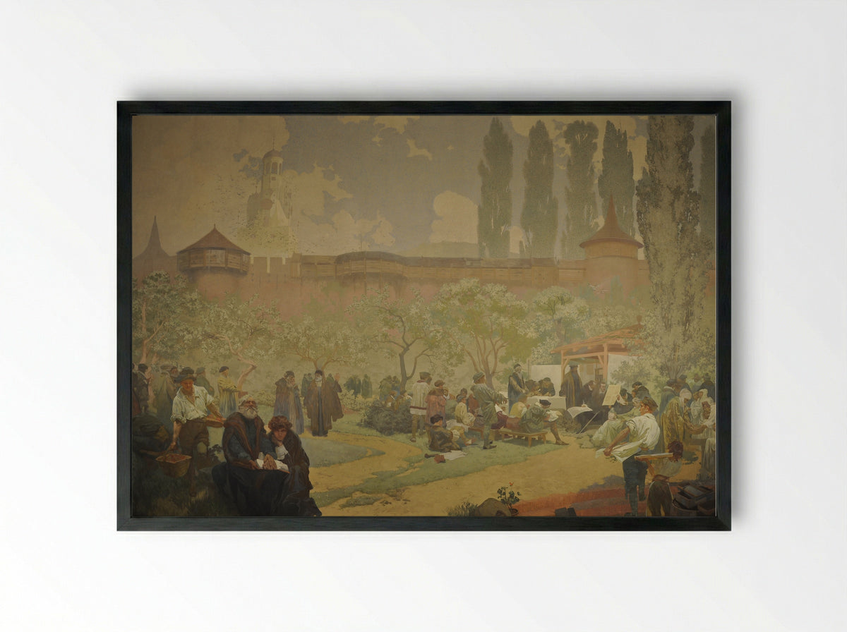 The Printing of the Bible of Kralice in Ivancice - Alphonse Mucha - Framed Print Black