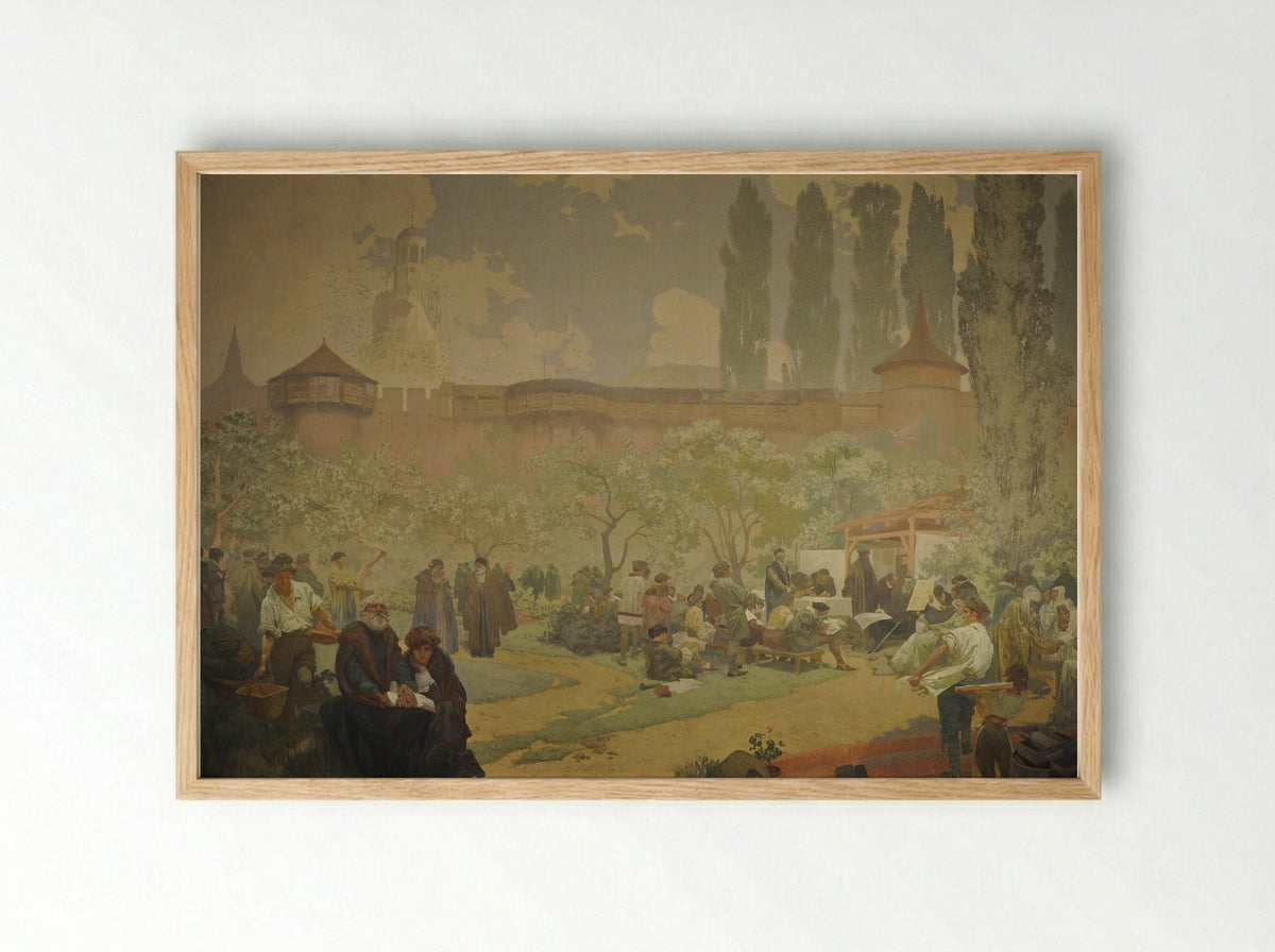 The Printing of the Bible of Kralice in Ivancice - Alphonse Mucha - Framed Print Wood